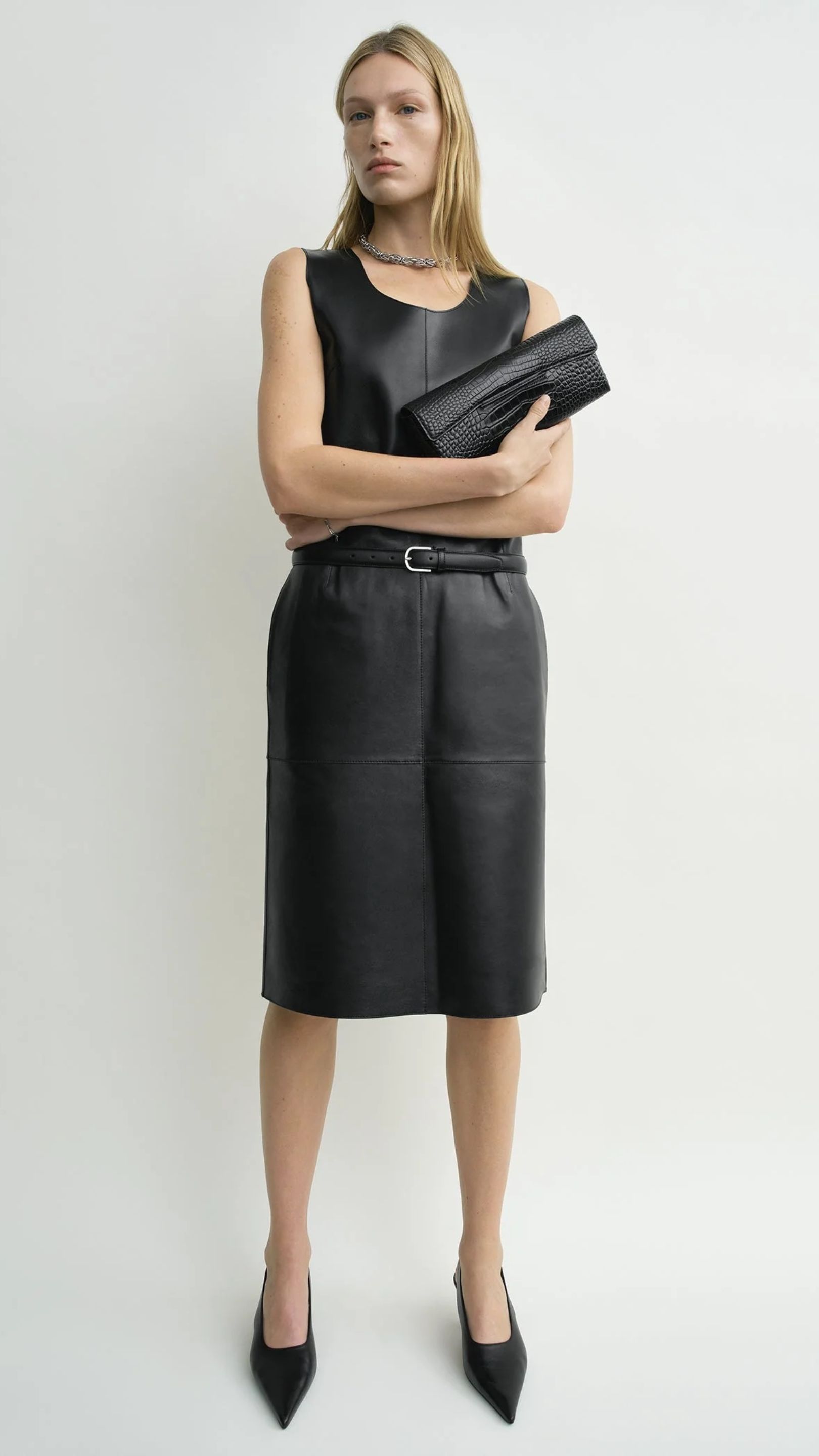 Toteme Soft Croco-embossed T-clutch in Black