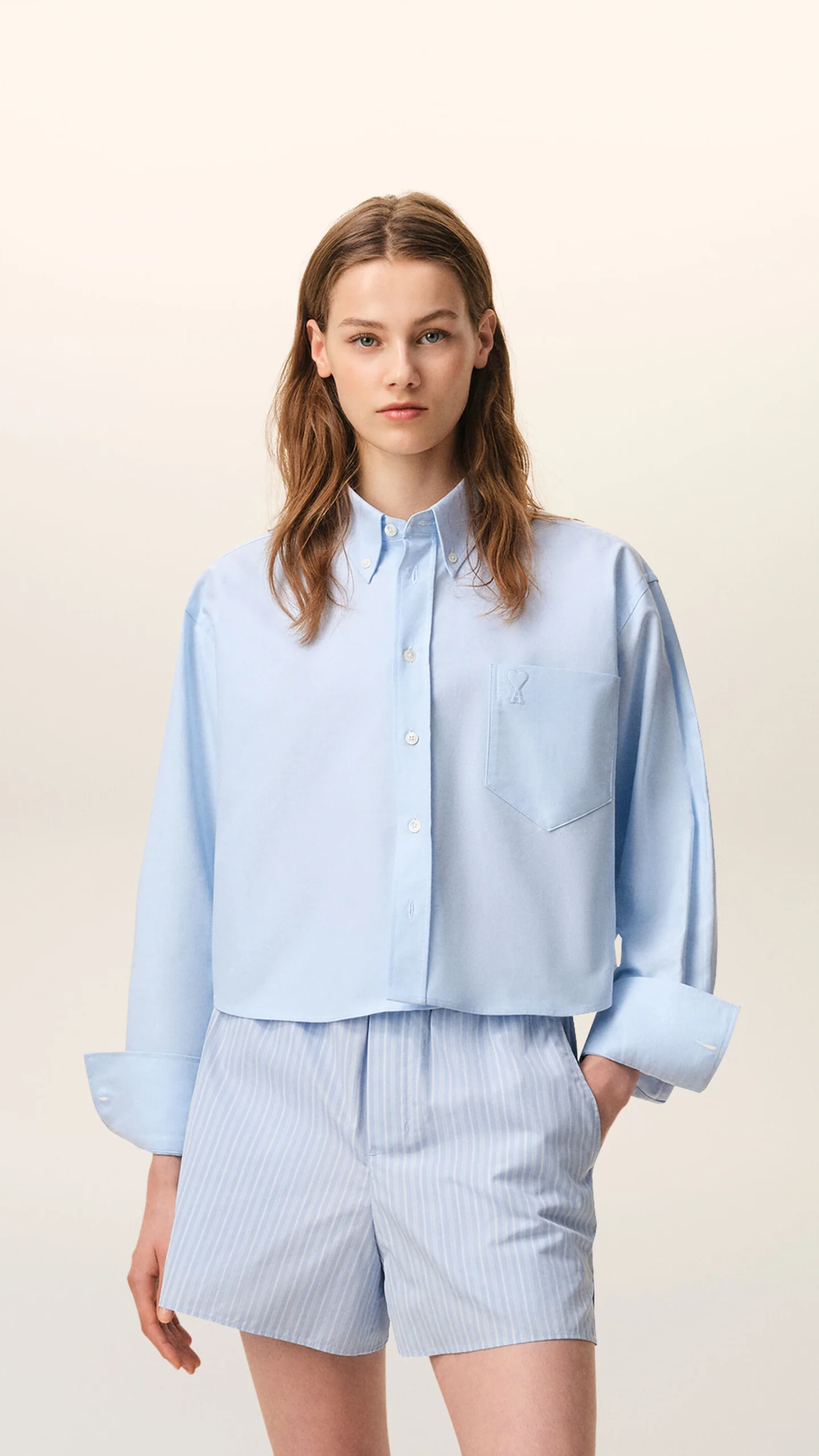 Ami Cotton Cropped Embossed Ami De Coeur Shirt in Sky Blue