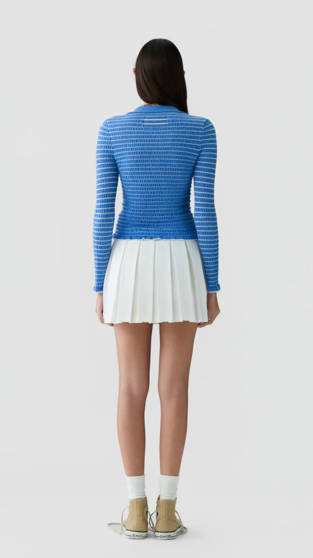 Guest In Residence Smocked Shrunken Polo in Delft Blue/Cream