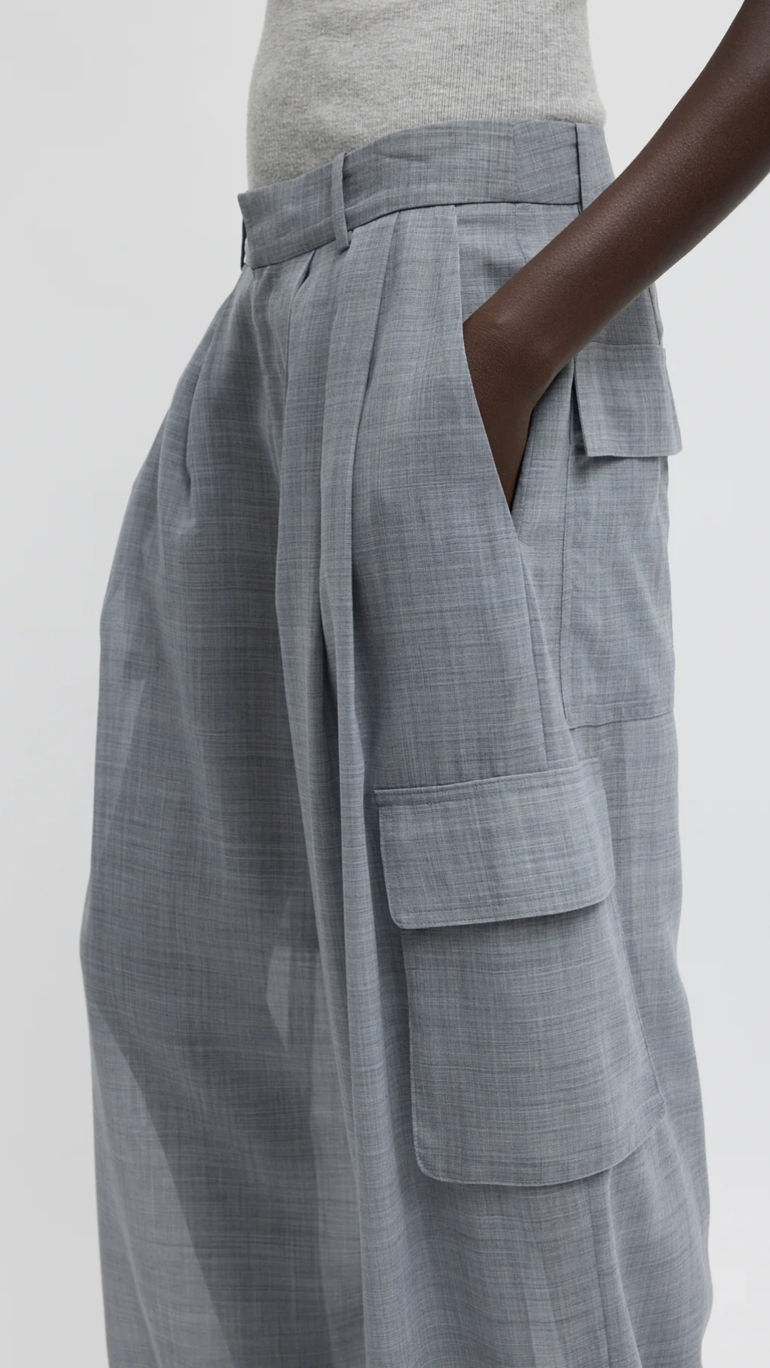 Tibi Sheer Wool Gauze Triple Pleat Pant in Heather Grey