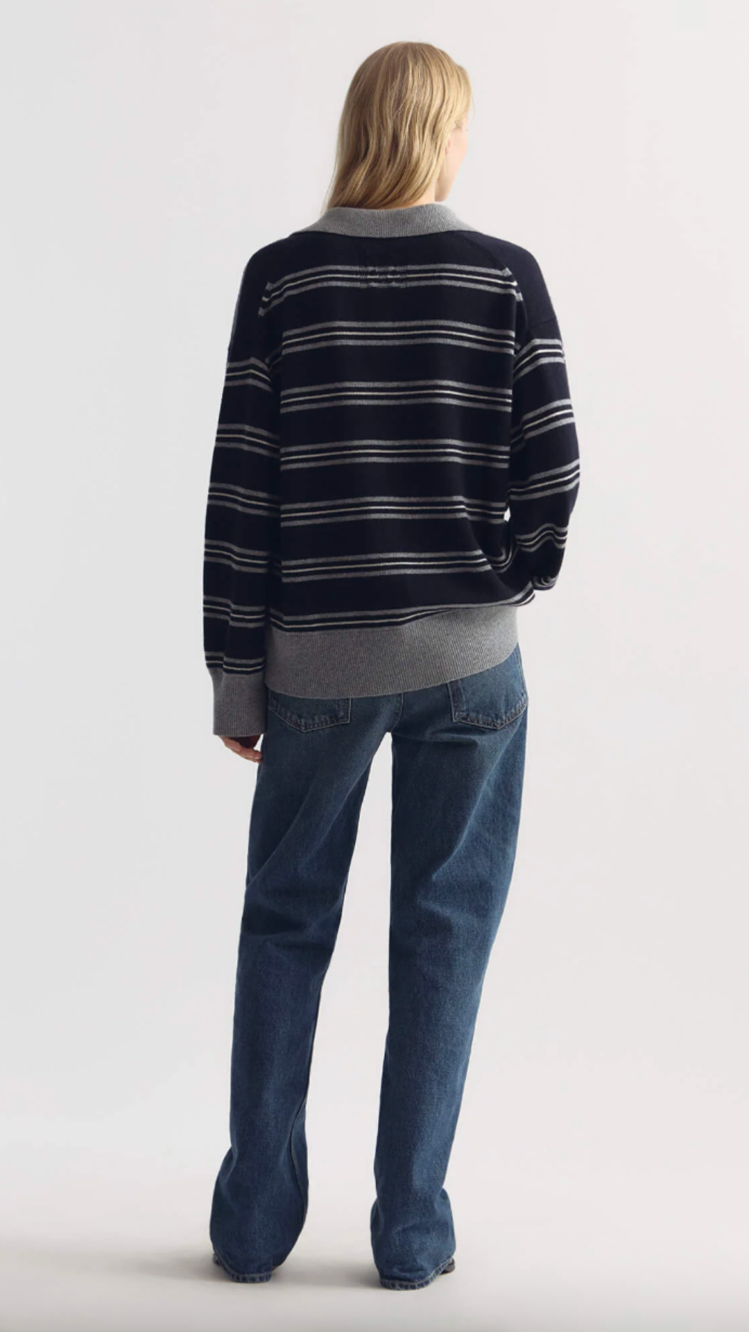 Nili Lotan Galvez Stripe Polo in Dark Navy/Grey Stripe