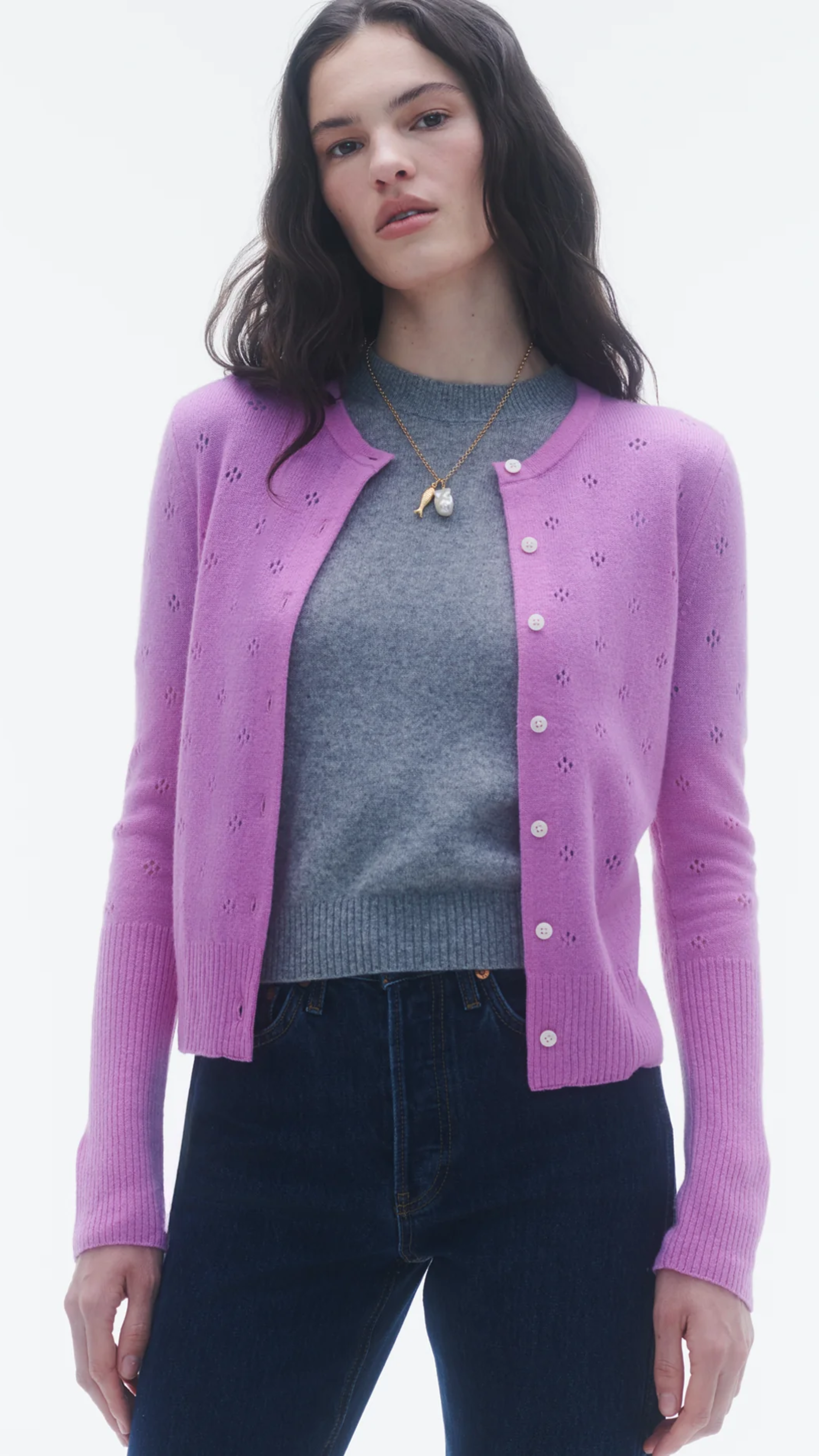 Guest in Residence Jane Pointelle Cardigan in Fuchsia