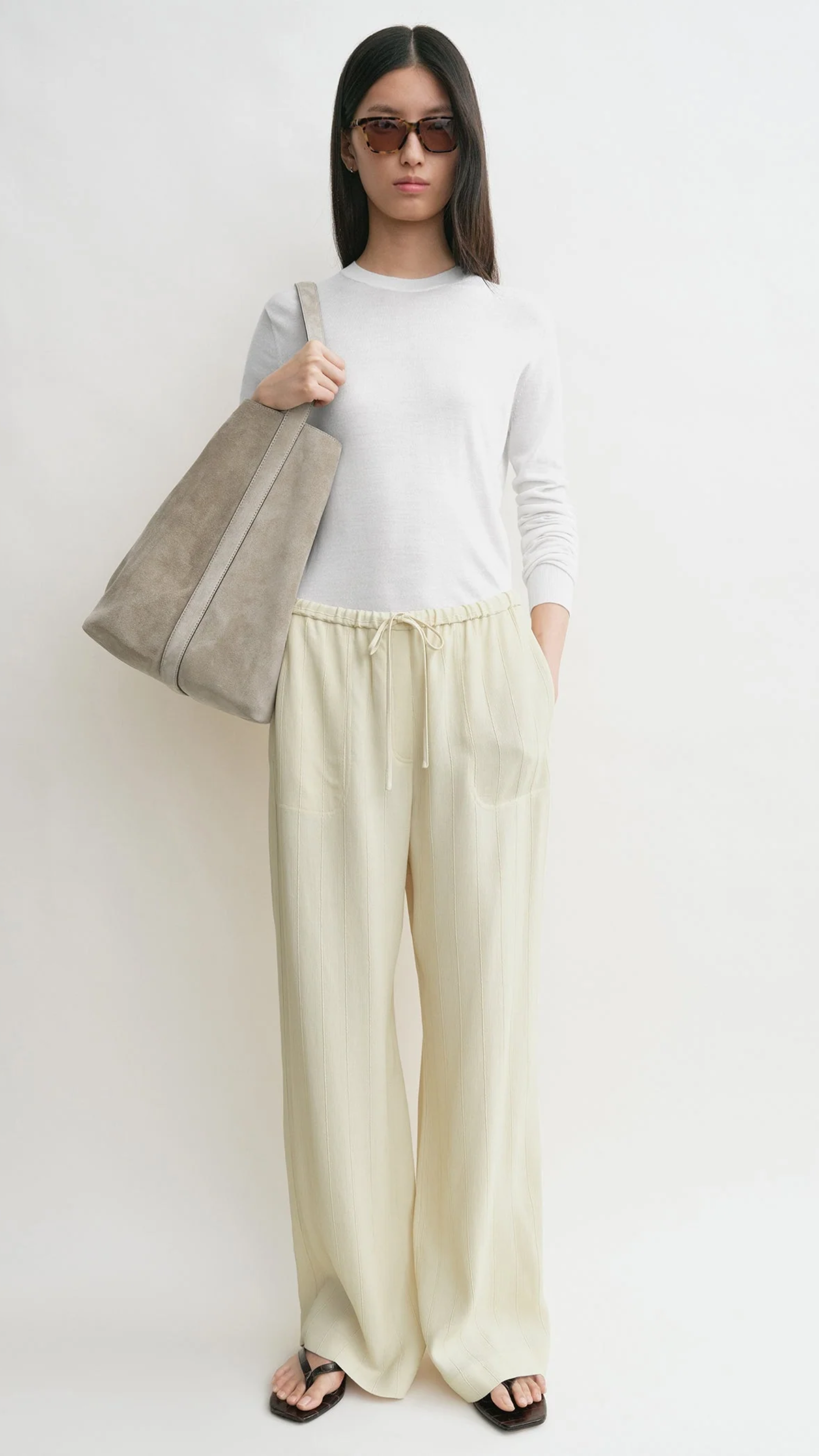 Toteme Woven Stripe Drawstring Trouser in Ecru