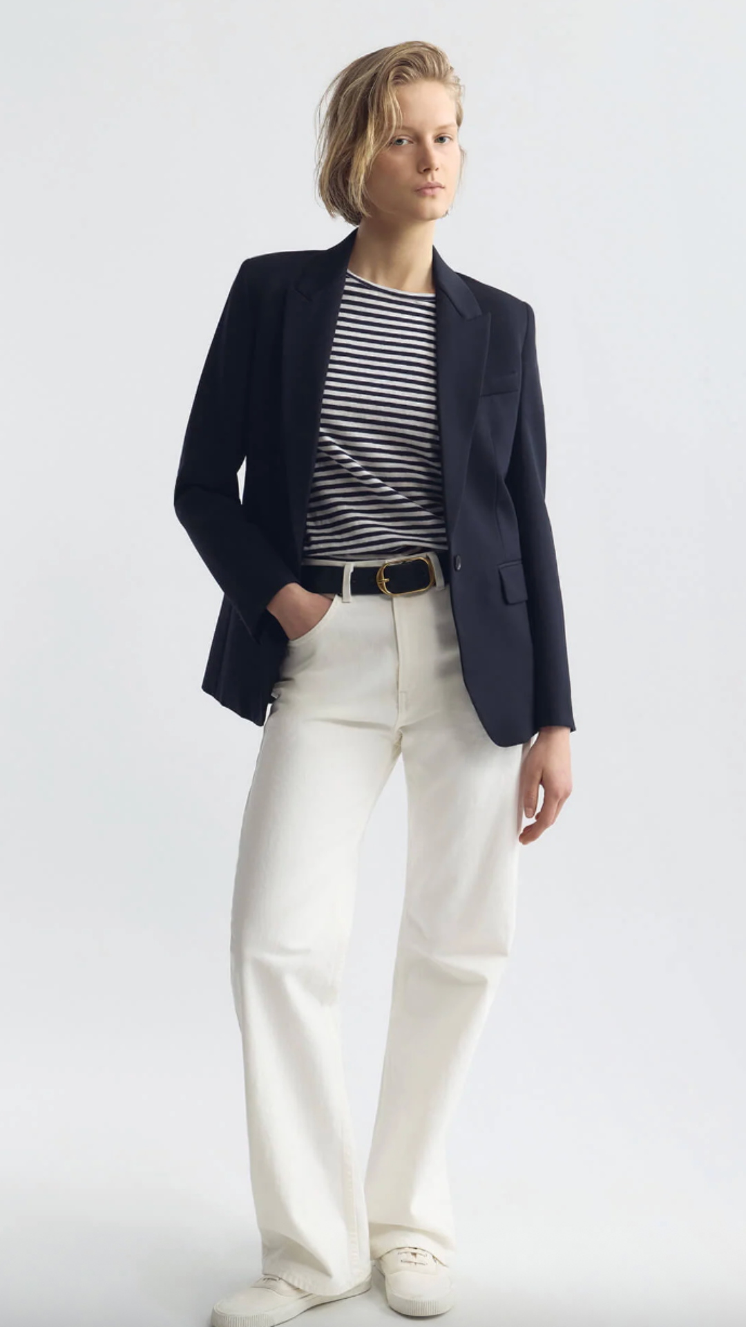 Nili Lotan Lana Crewneck Tee in White/Dark Navy