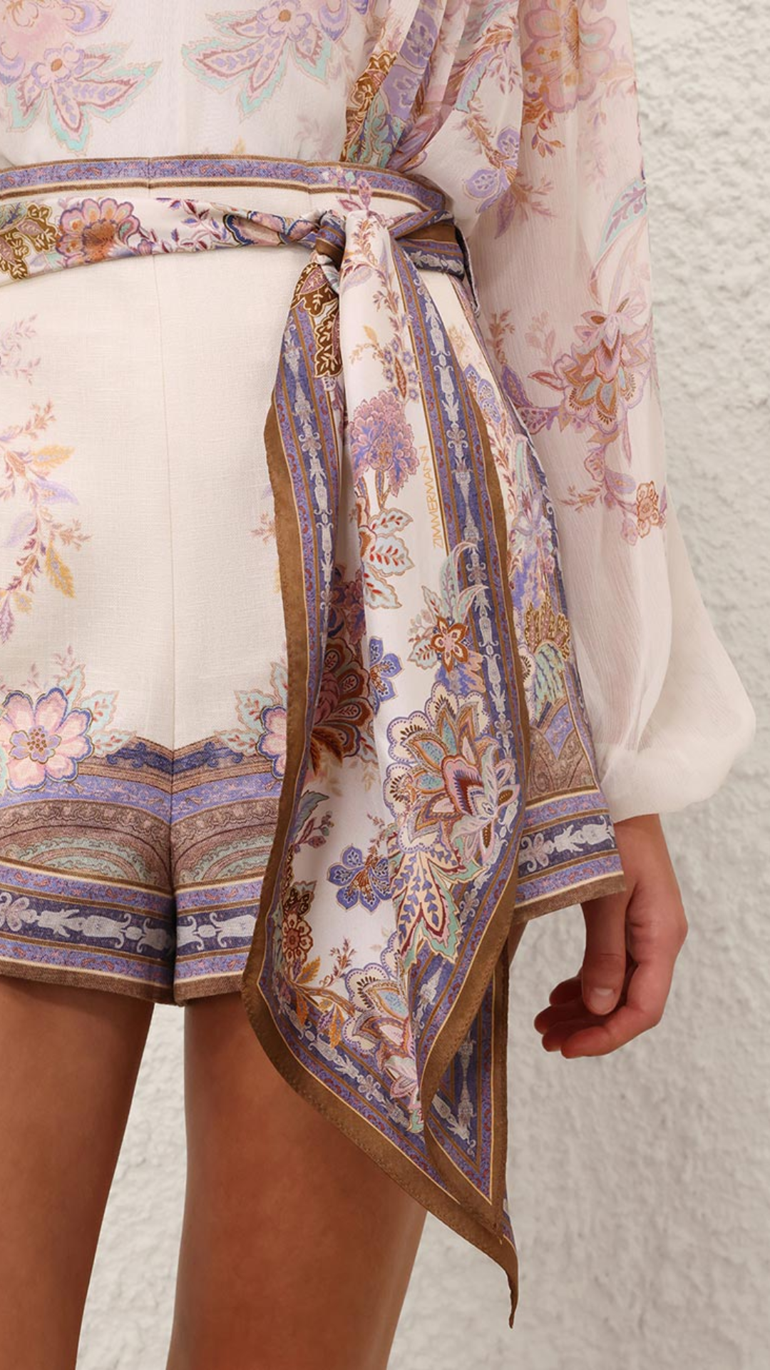 Zimmermann Luna Scarf Tie Short in Cream Blue Paisley