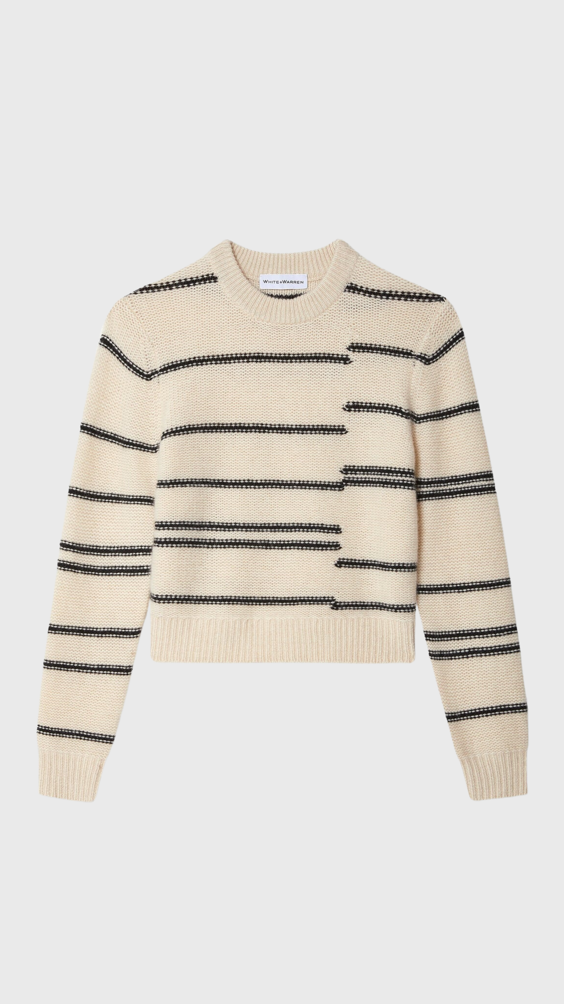 White + Warren Cashmere Broken Stripe Crew in Natural Black