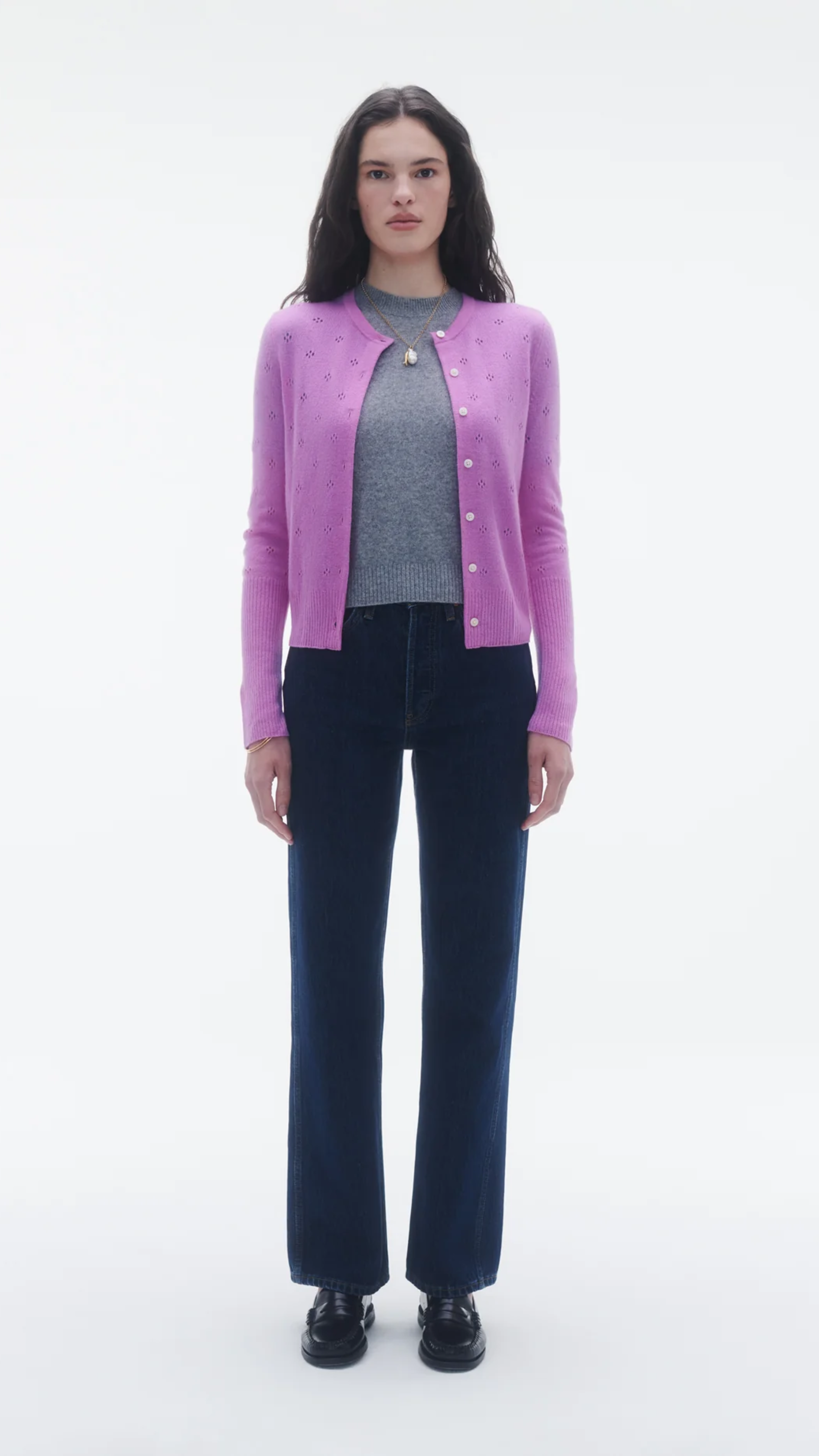 Guest in Residence Jane Pointelle Cardigan in Fuchsia