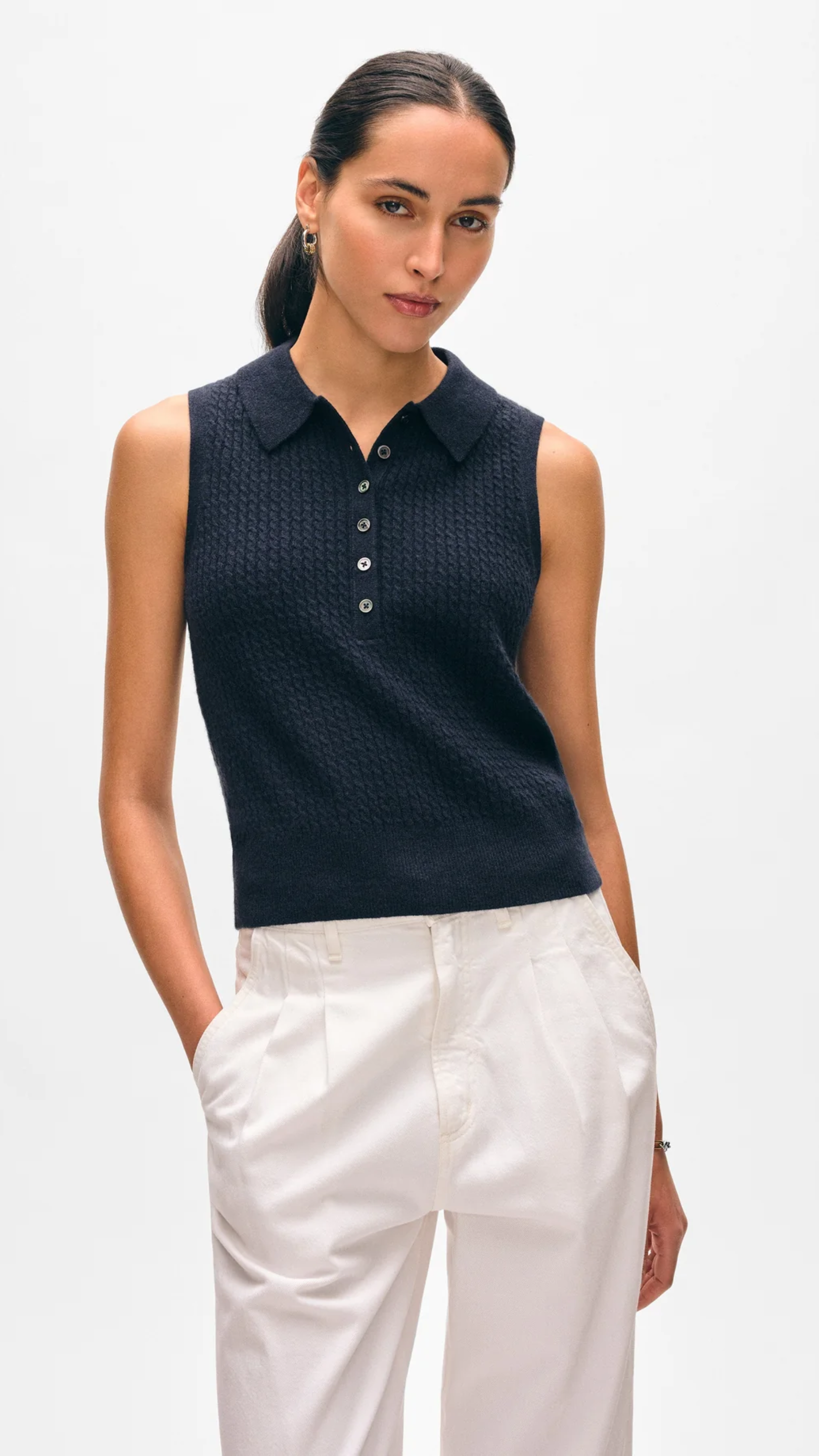 White + Warren Cashmere Cable Sleeveless Polo in Deep Navy