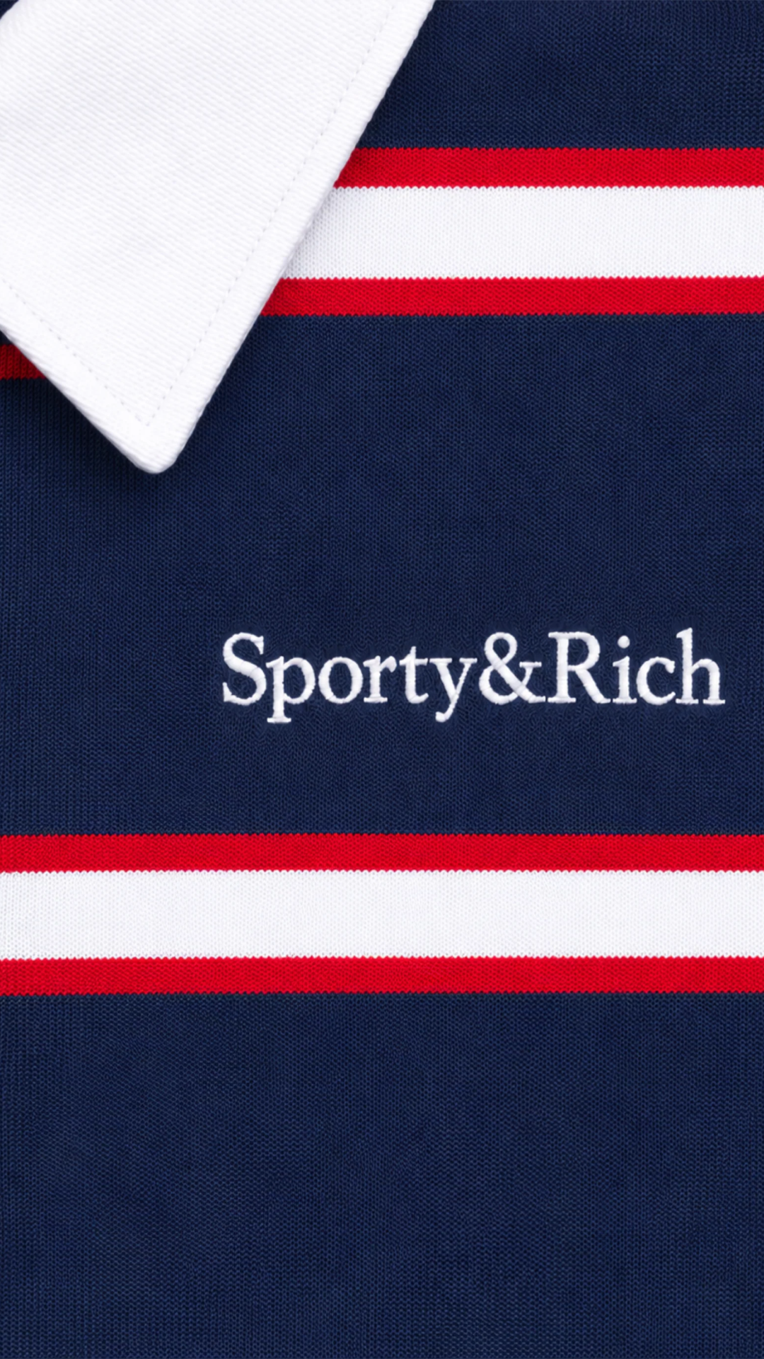Sporty & Rich Blondie Serif Logo Rugby Polo in Dark Navy/Ruby/Gray/White