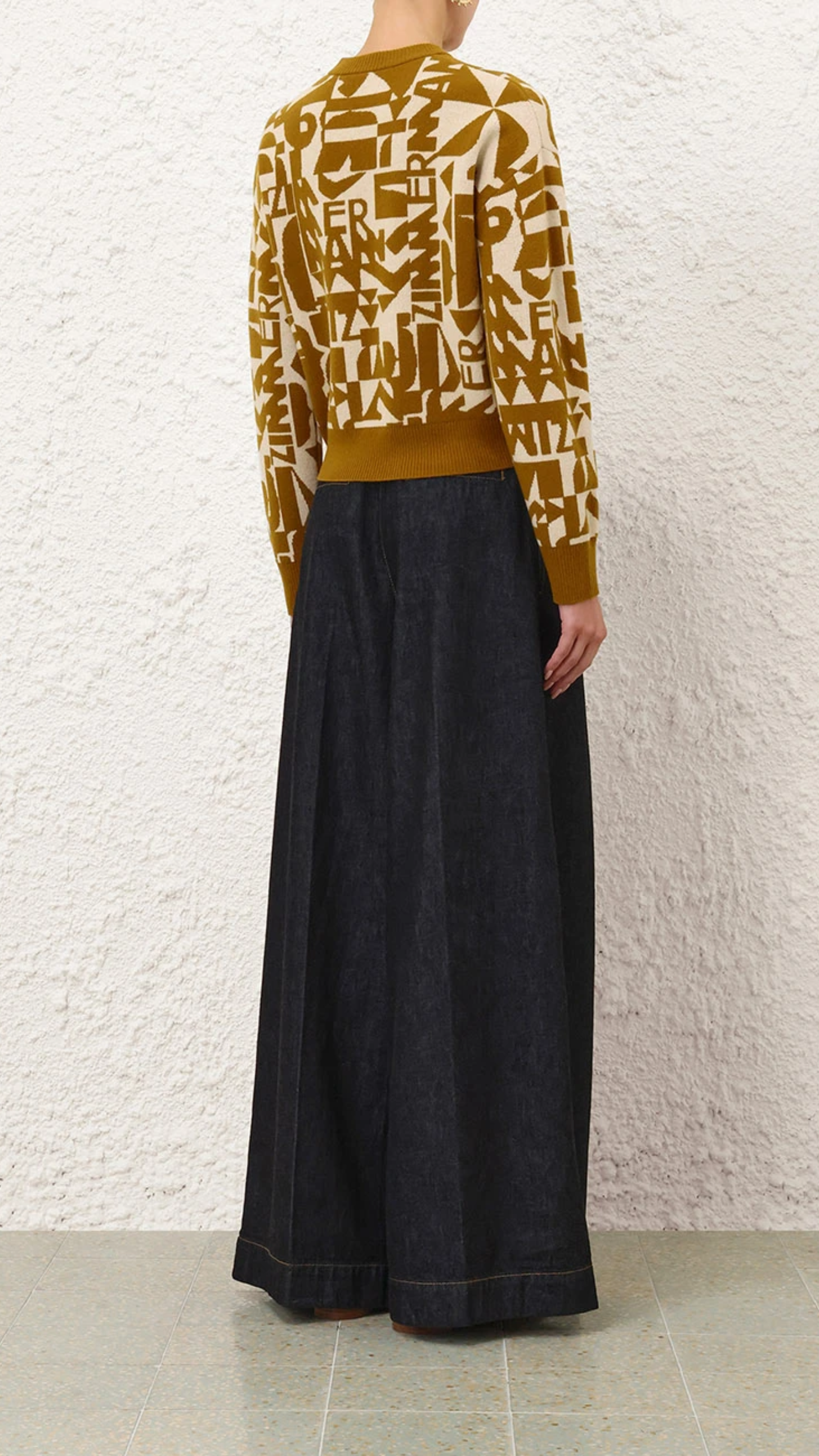 Zimmermann Valiant Jacquard Crop Sweater in Chartreuse Cream