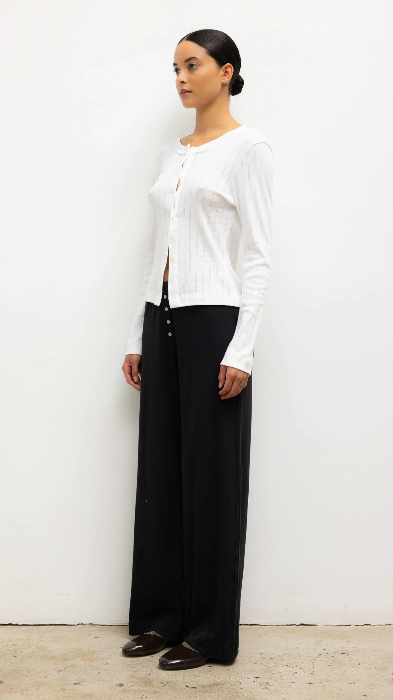 LESET Pointelle Classic Crew Cardigan in White