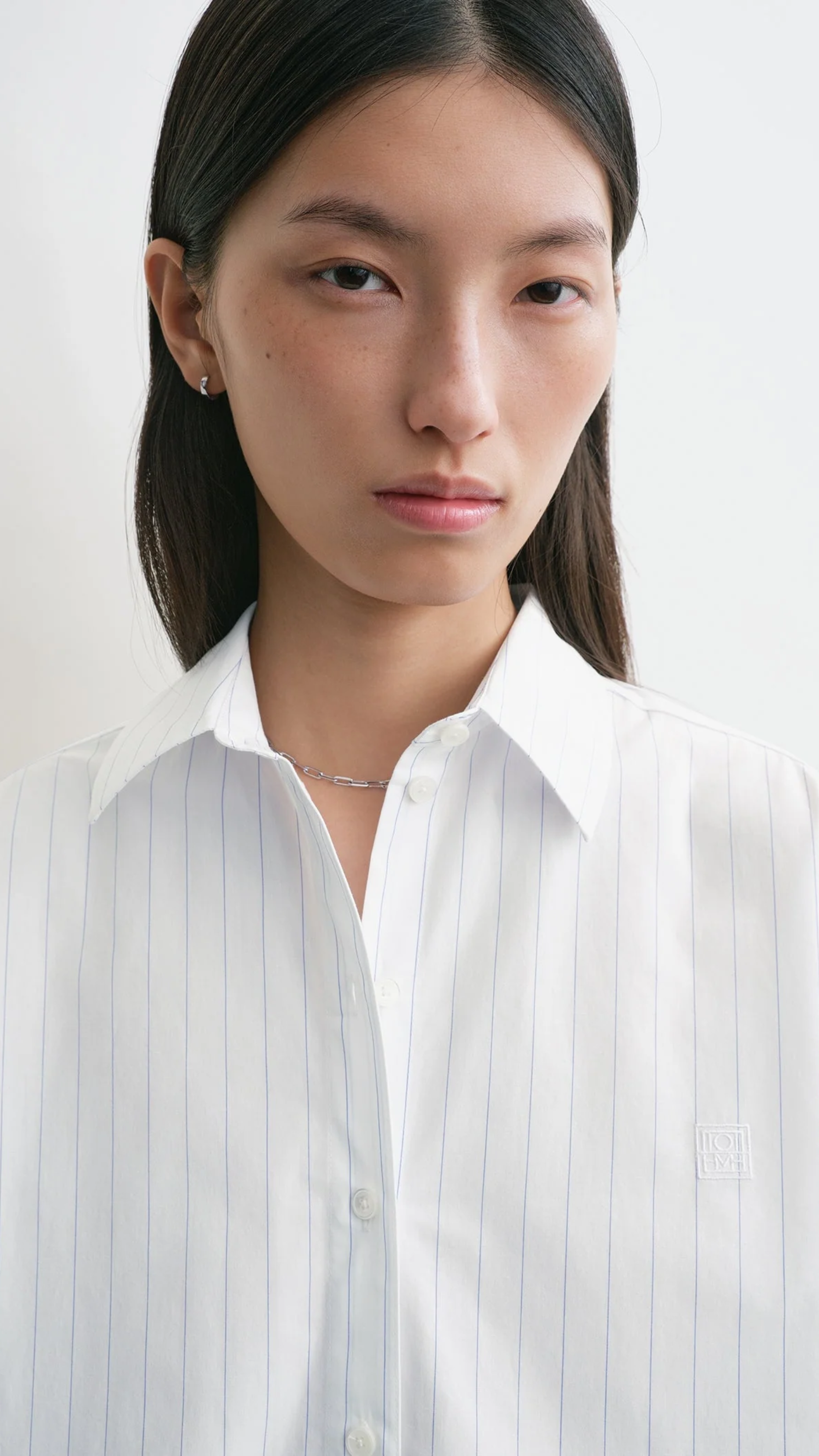 Toteme Monogram Striped Shirt in White Cobalt Pinstripe