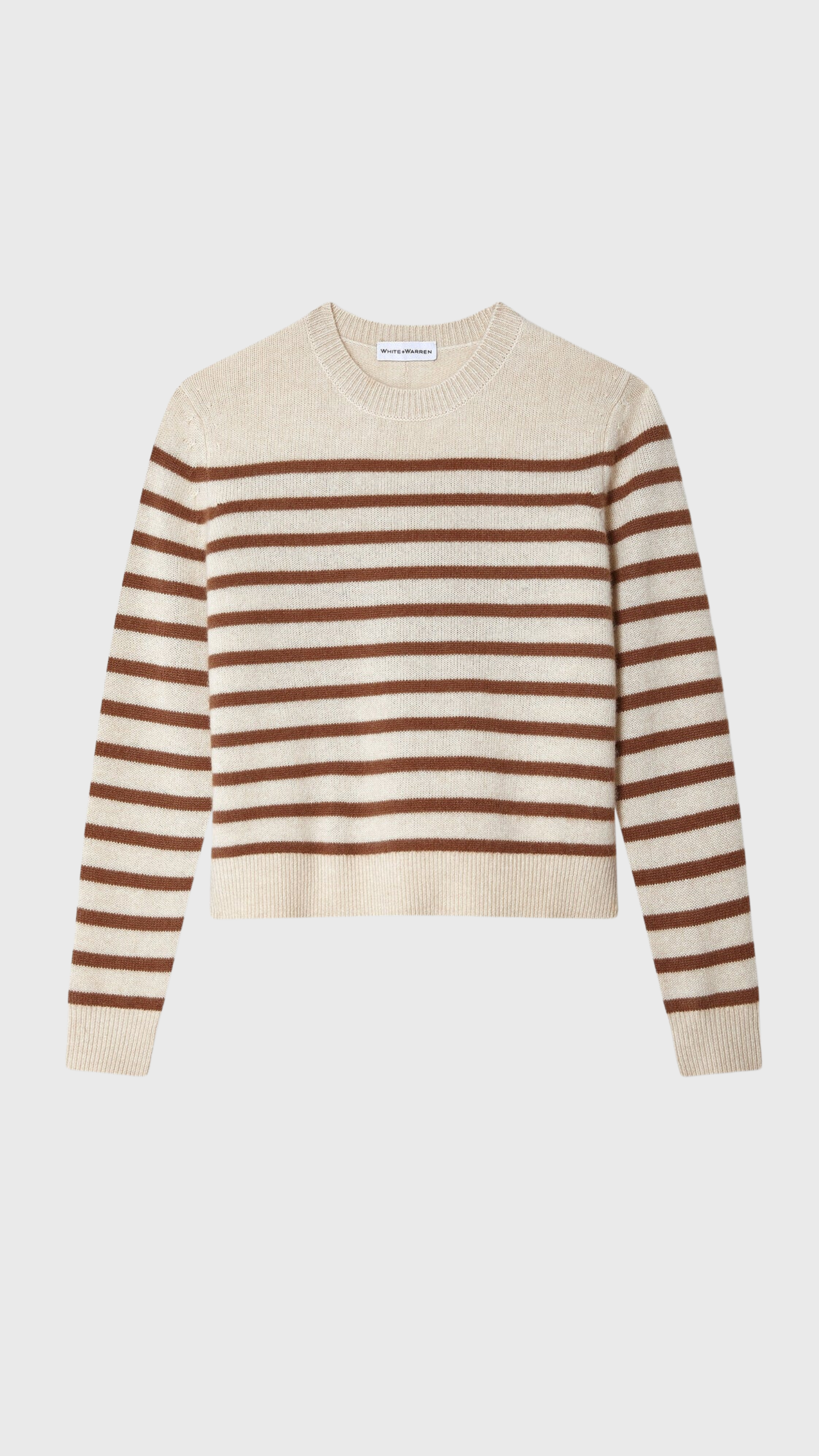 White + Warren Cashmere Striped Crew in Natural Saddle