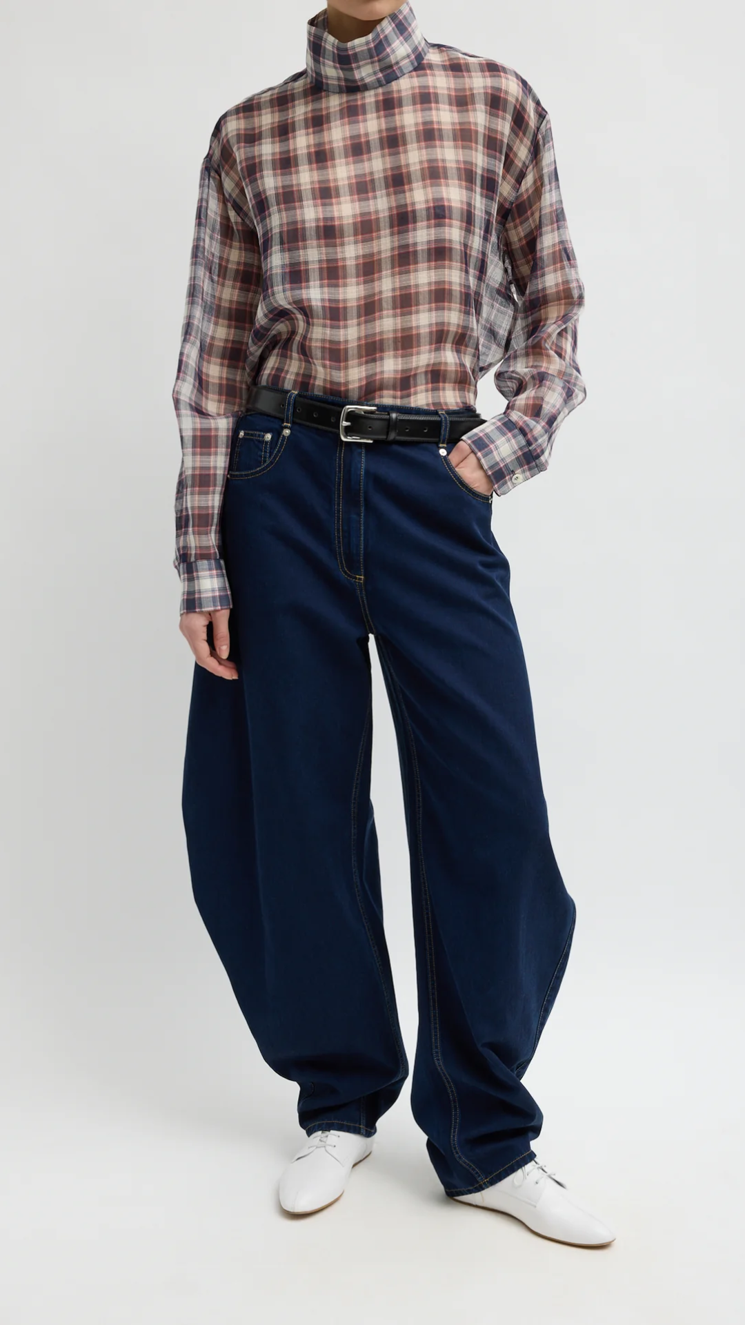 Tibi Silk Cotton Plaid Funnel Neck Top in Black/Red Multi