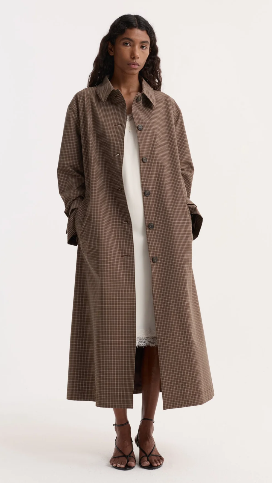 Róhe Technical Check Belted Coat in Brown Check