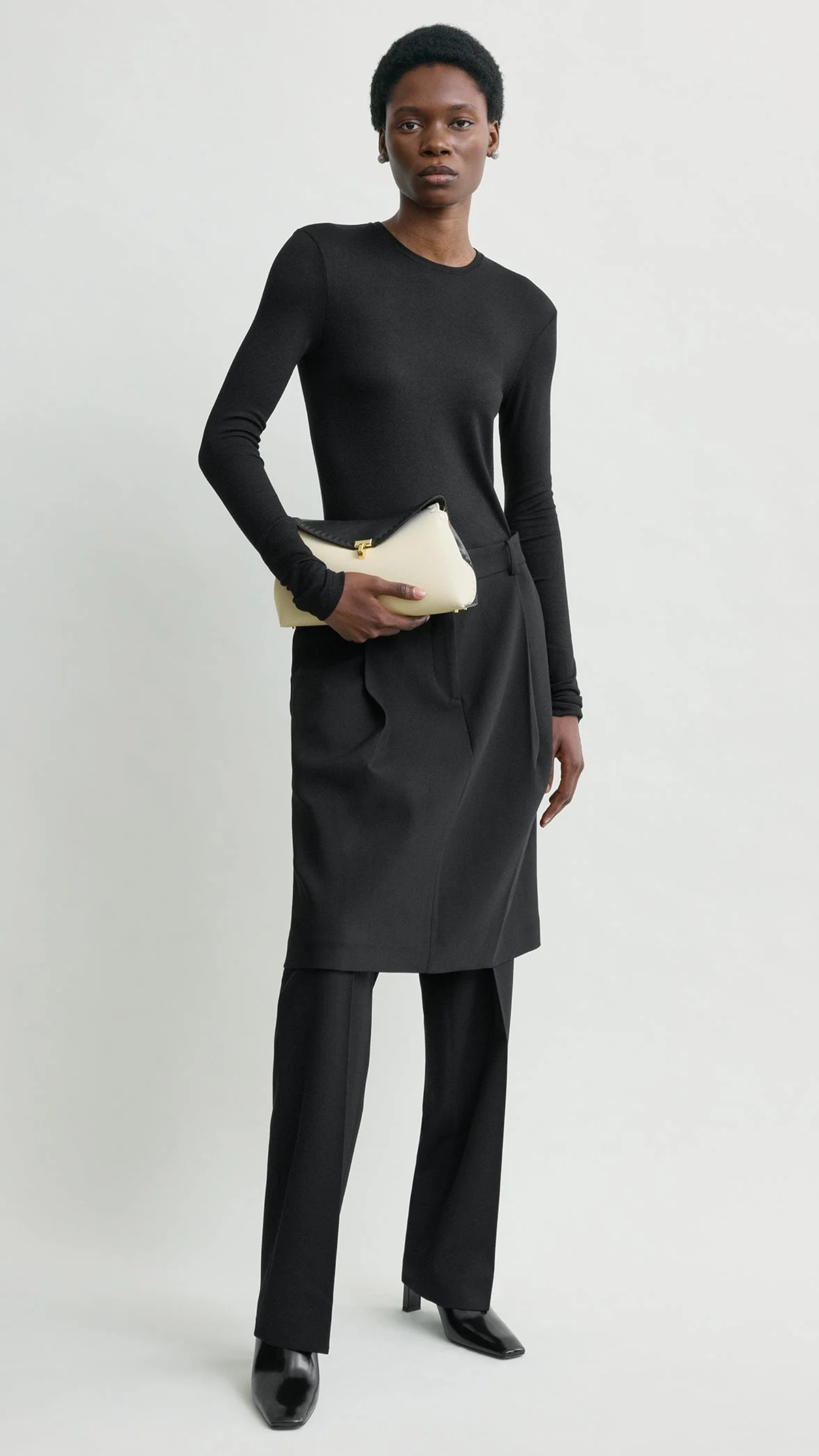 Toteme T-lock Embroidered Leather Clutch in Black Milk