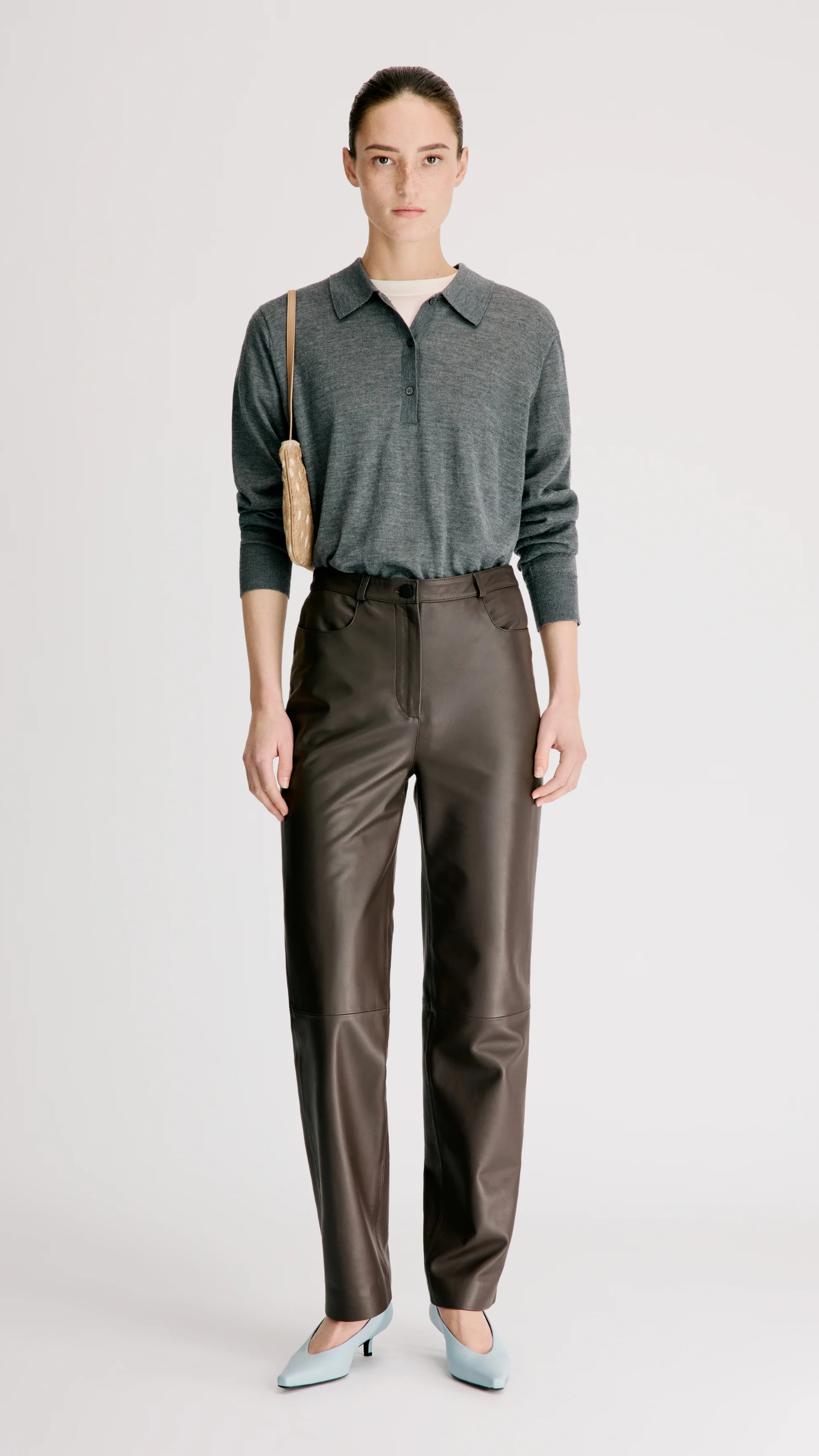 Loulou de Saison Cobe Straight Leg Leather Trousers in Coffee