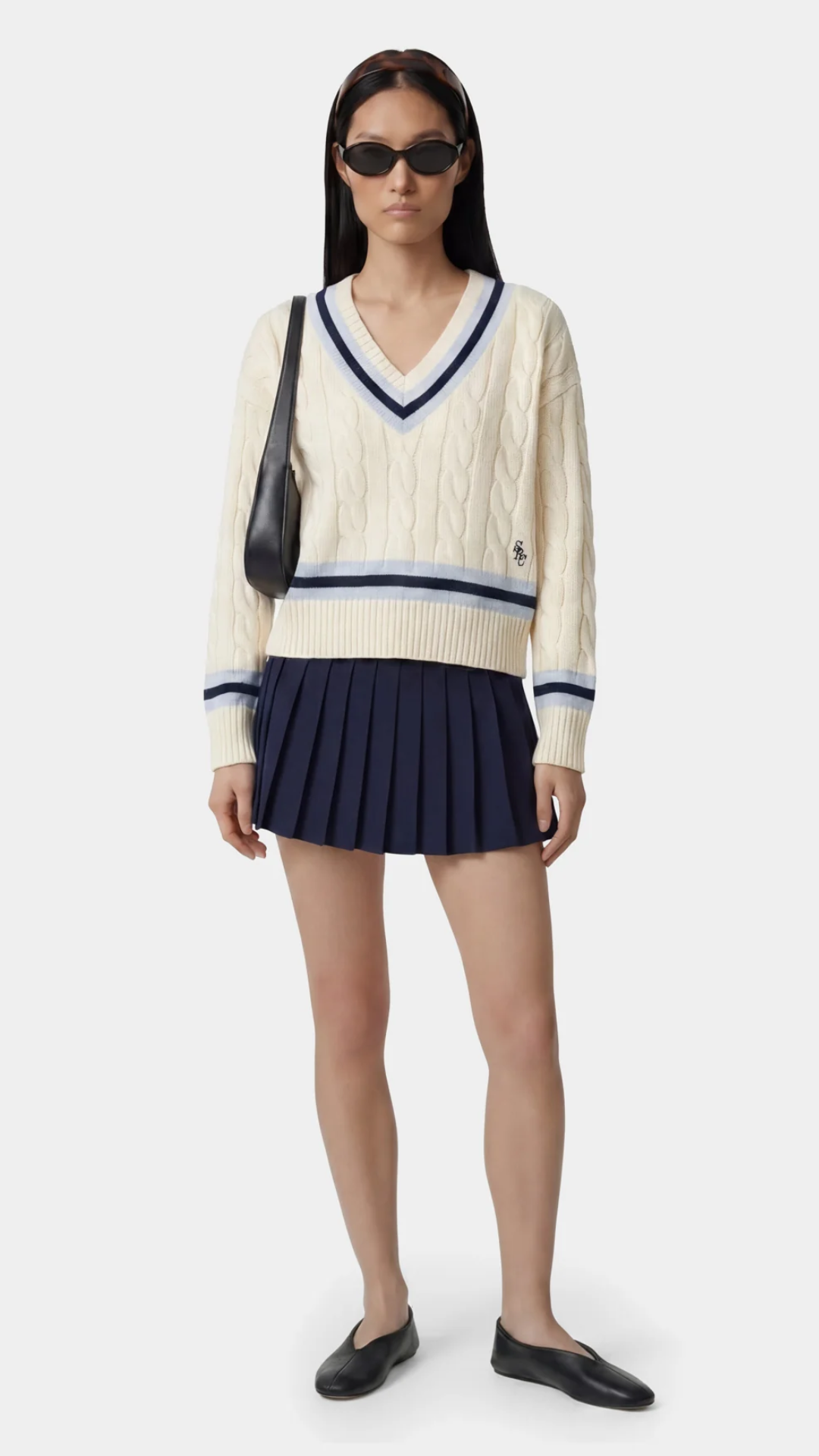 Sporty & Rich SRC Cableknit V-Neck Sweater in Ecru/Navy/Ciel