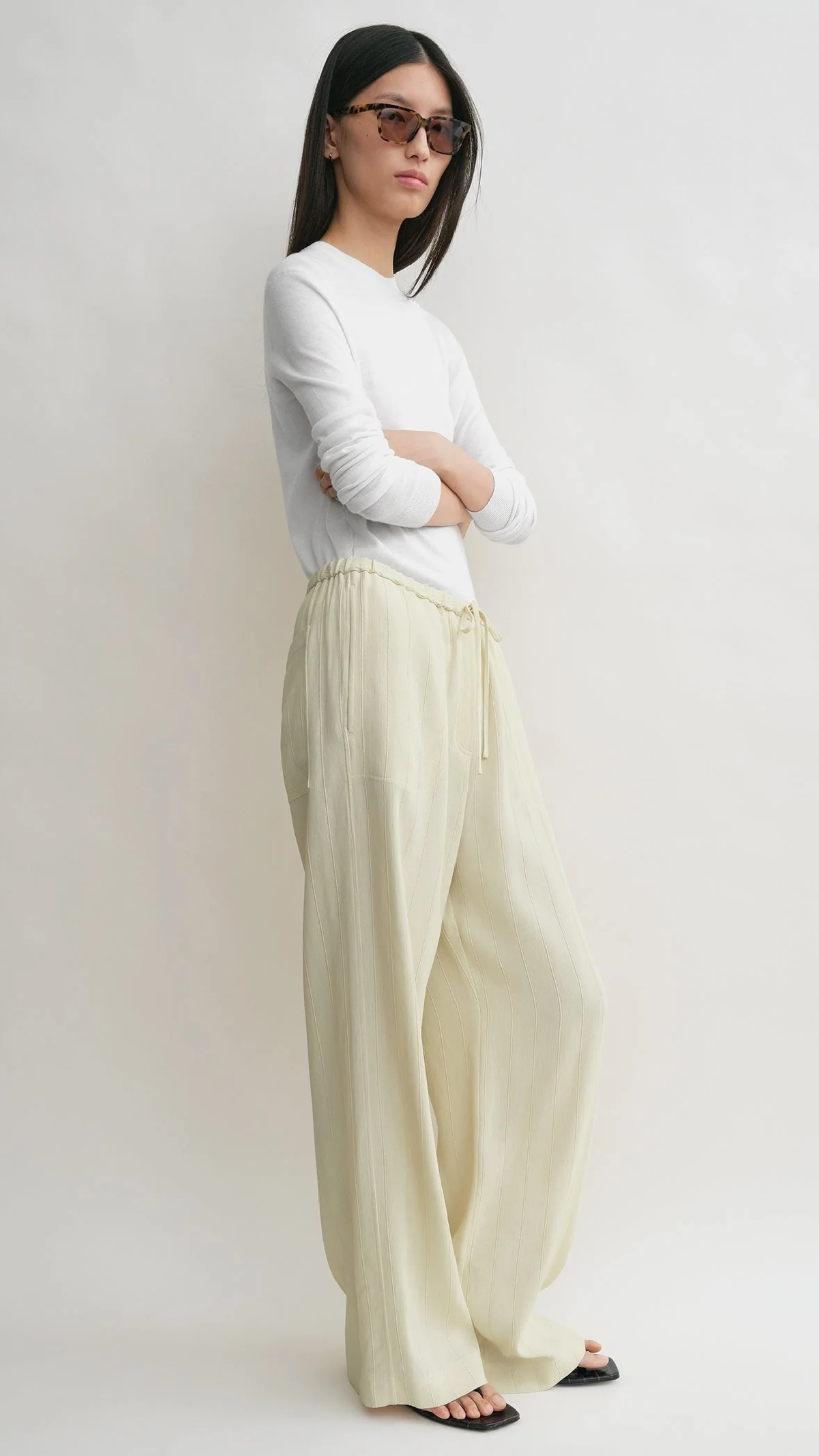 Toteme Woven Stripe Drawstring Trouser in Ecru