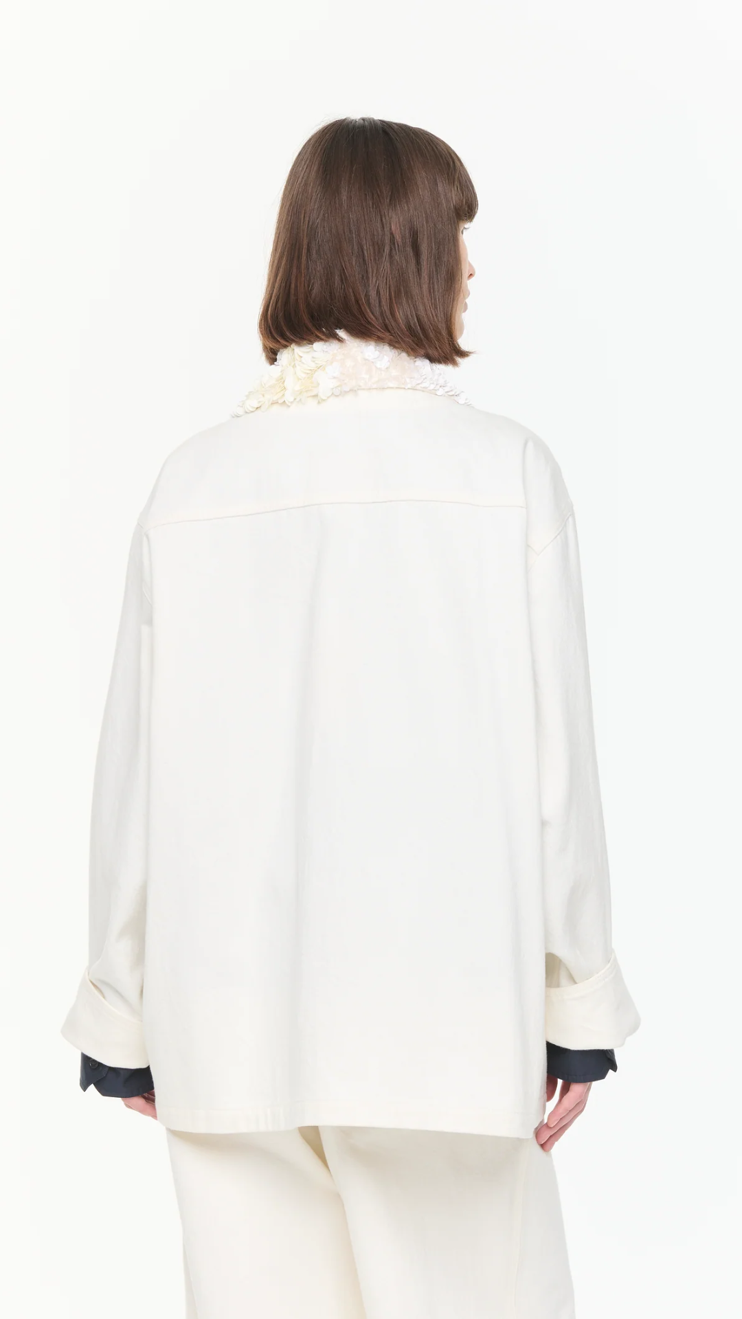 Plan C Denim Jacket With Sequin Collar in White