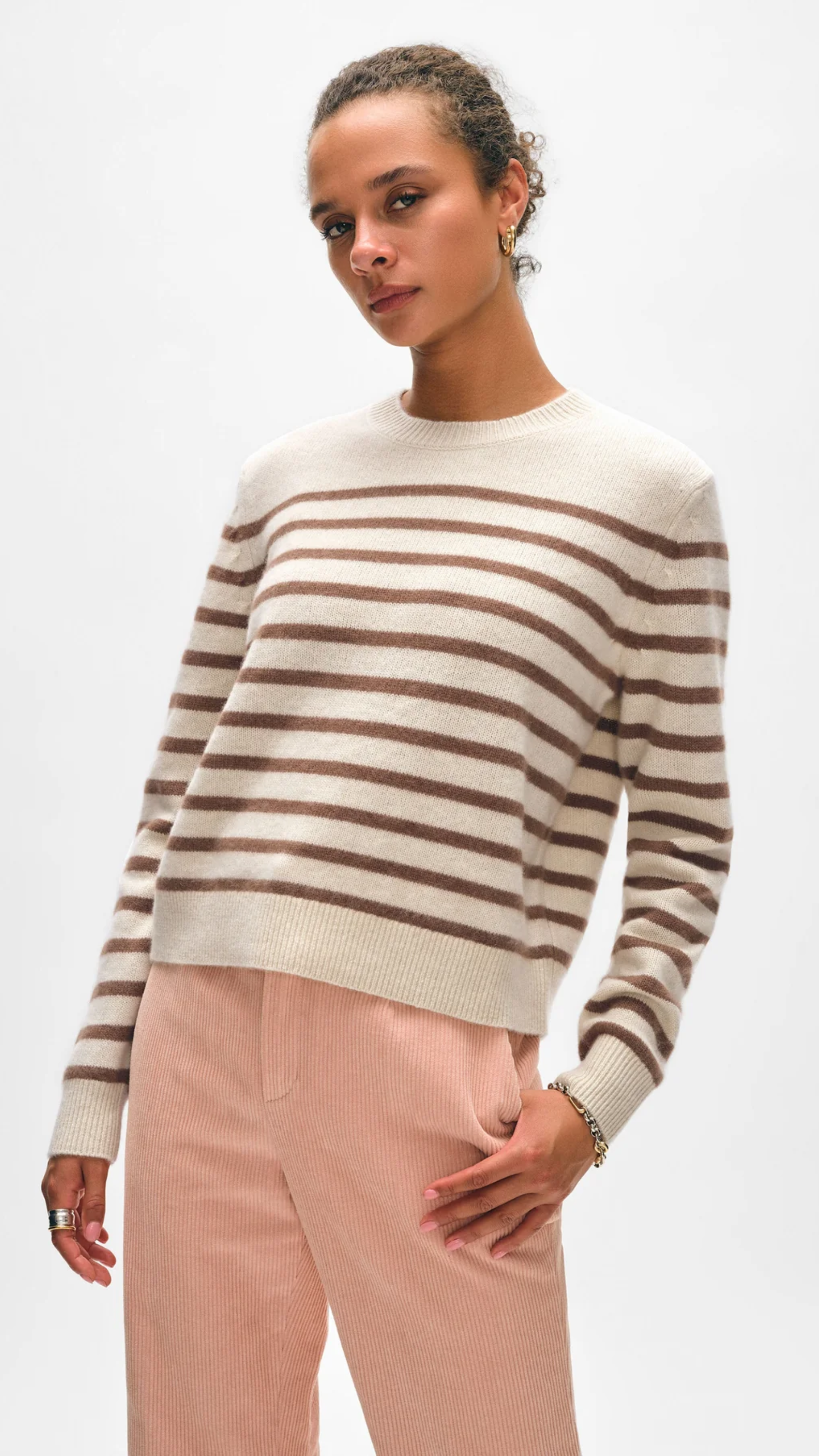 White + Warren Cashmere Striped Crew in Natural Saddle