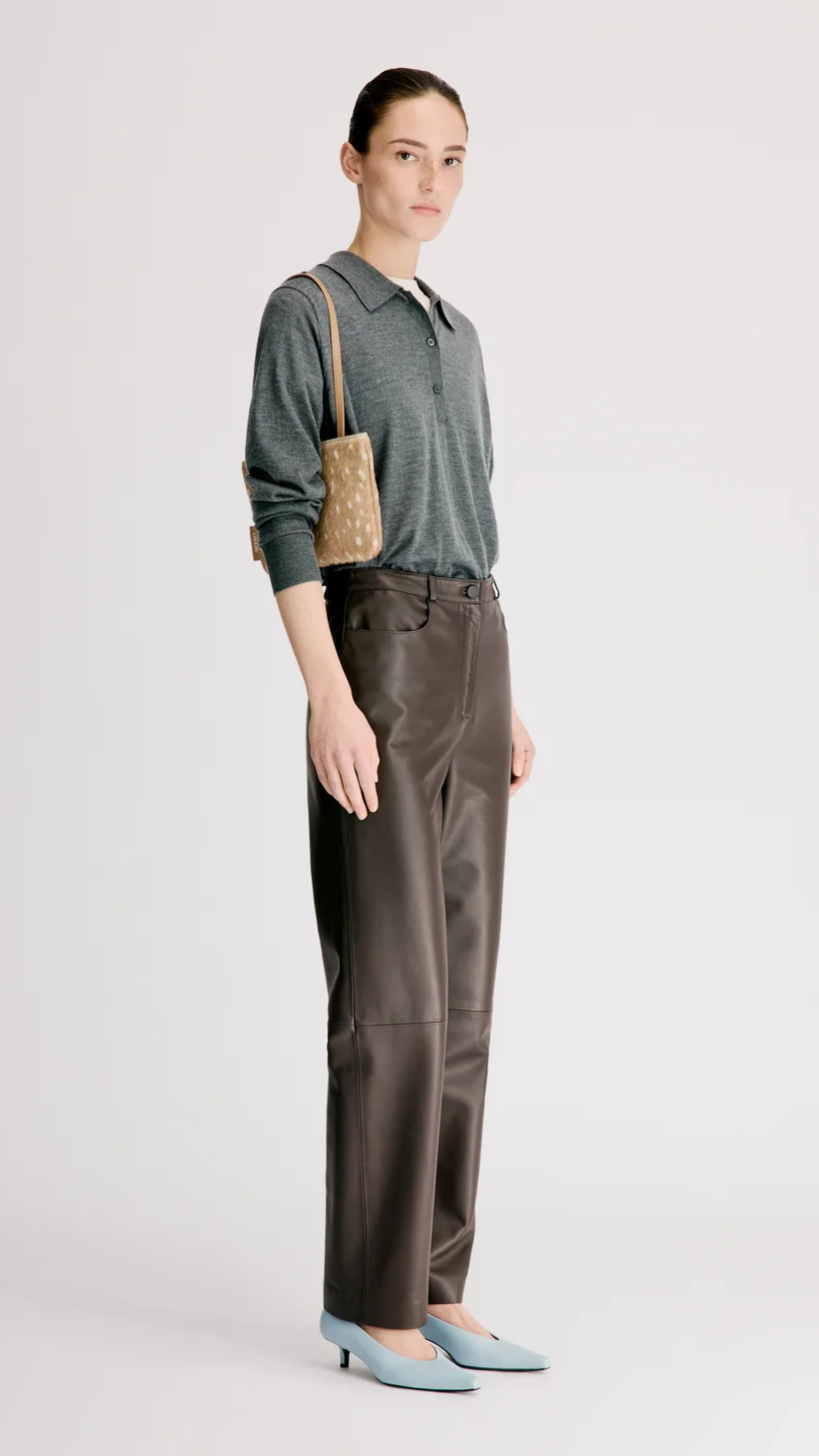 Loulou de Saison Cobe Straight Leg Leather Trousers in Coffee