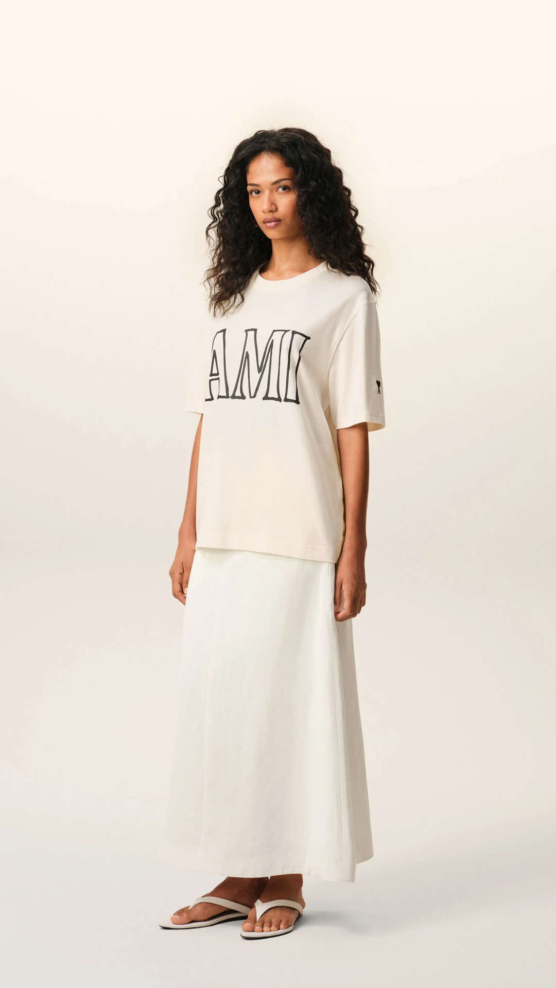 AMI Short Sleeve Cotton Ami Paris Print T-Shirt in Cream