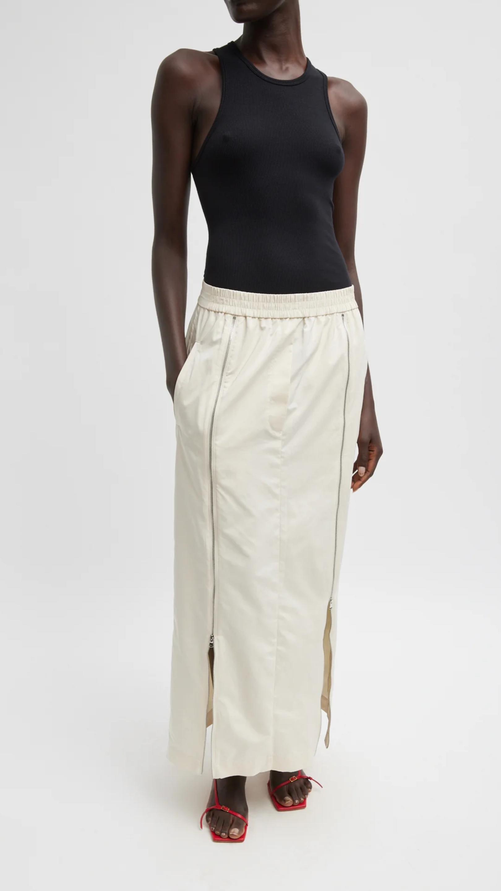 Tibi Nylon Zipper Maxi Skirt in Ivory