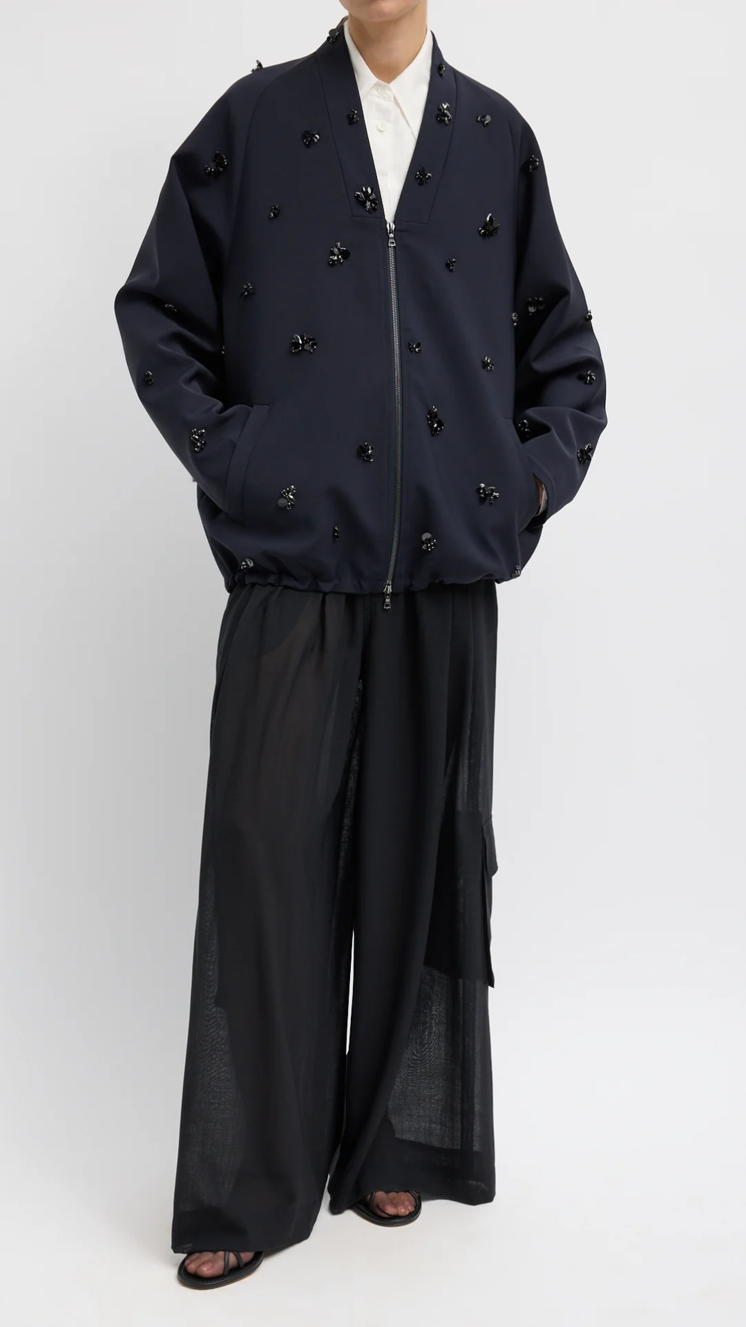 Tibi Tropical Wool Beaded Bomber in Navy