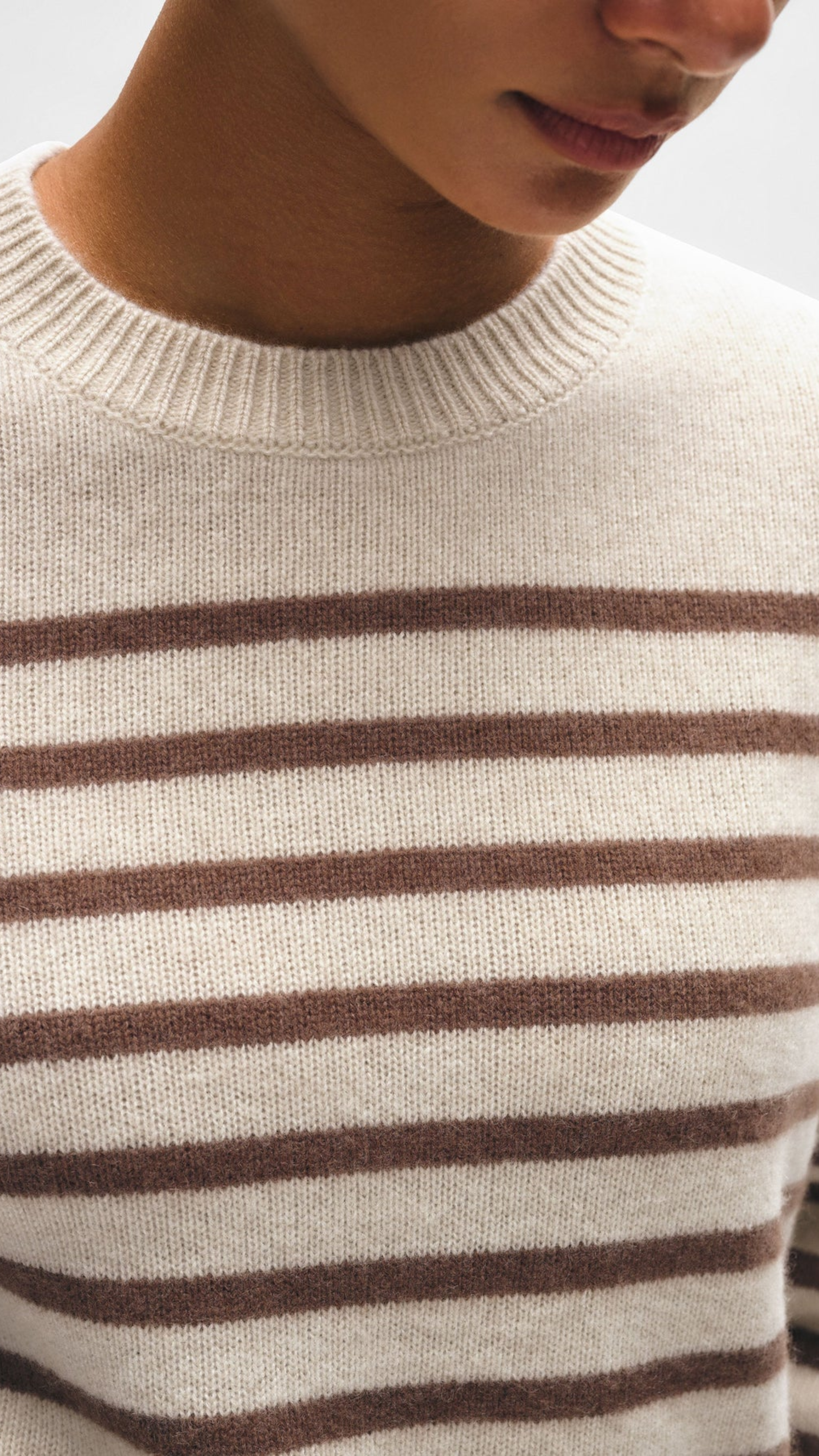 White + Warren Cashmere Striped Crew in Natural Saddle