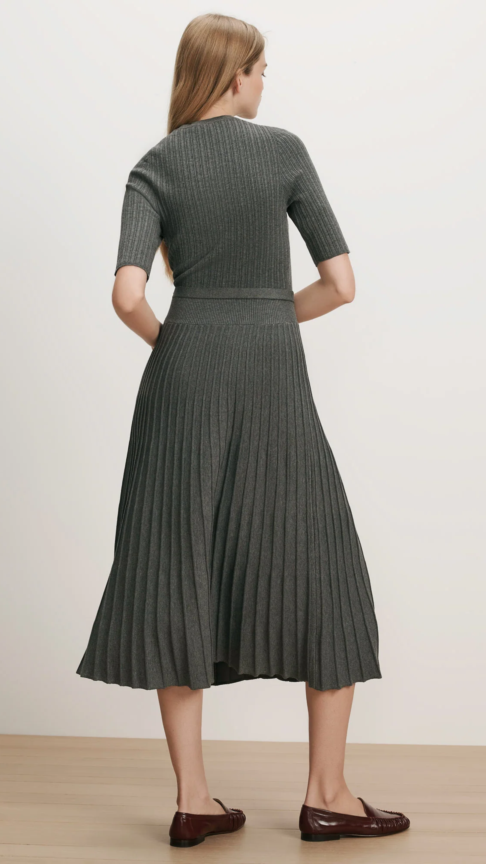Veronica Beard Elthea Belted A-line Midi Dress in Charcoal Heather Grey