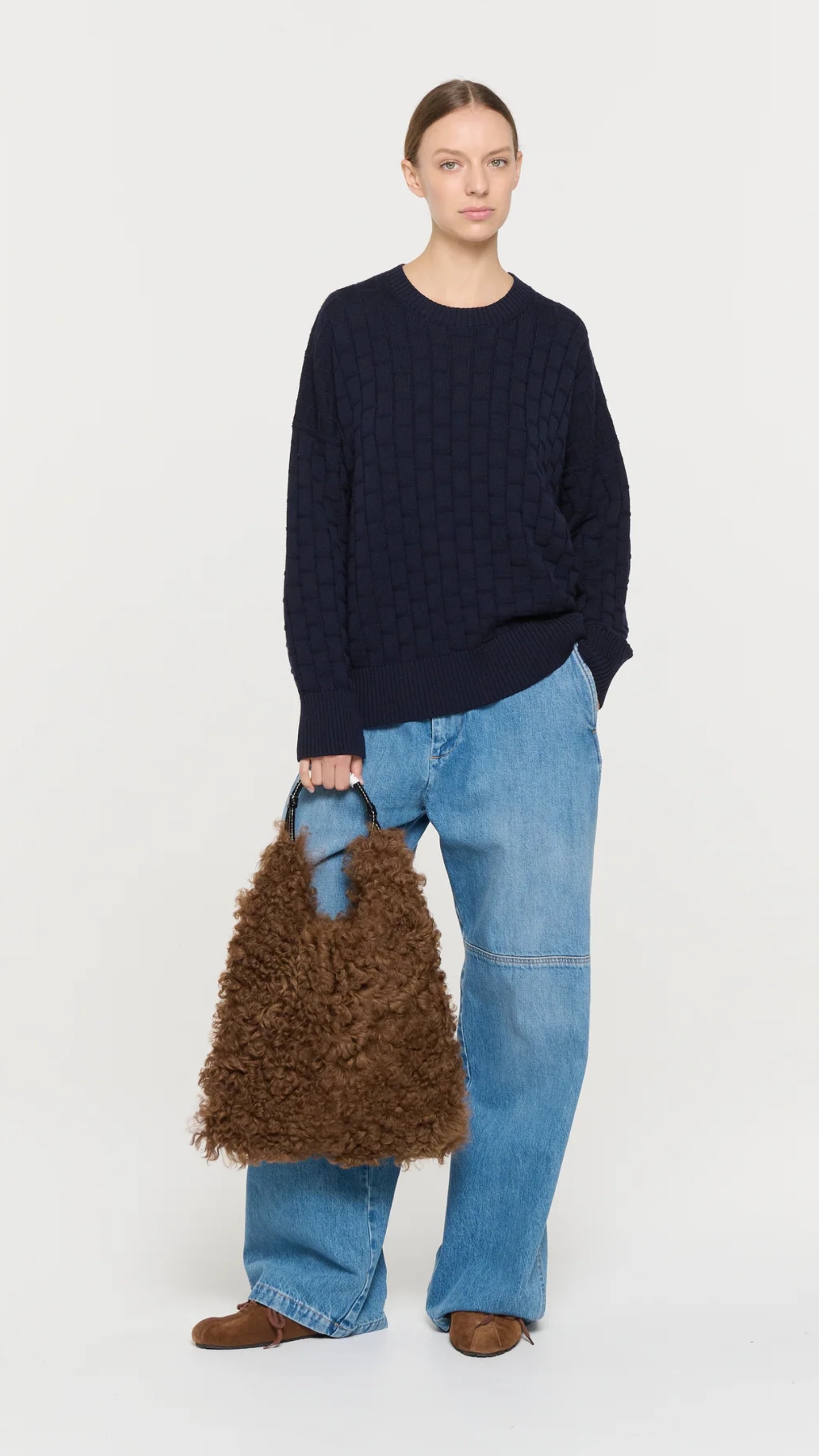 Plan C Checked Pattern Crewneck Knit in Dark Blue