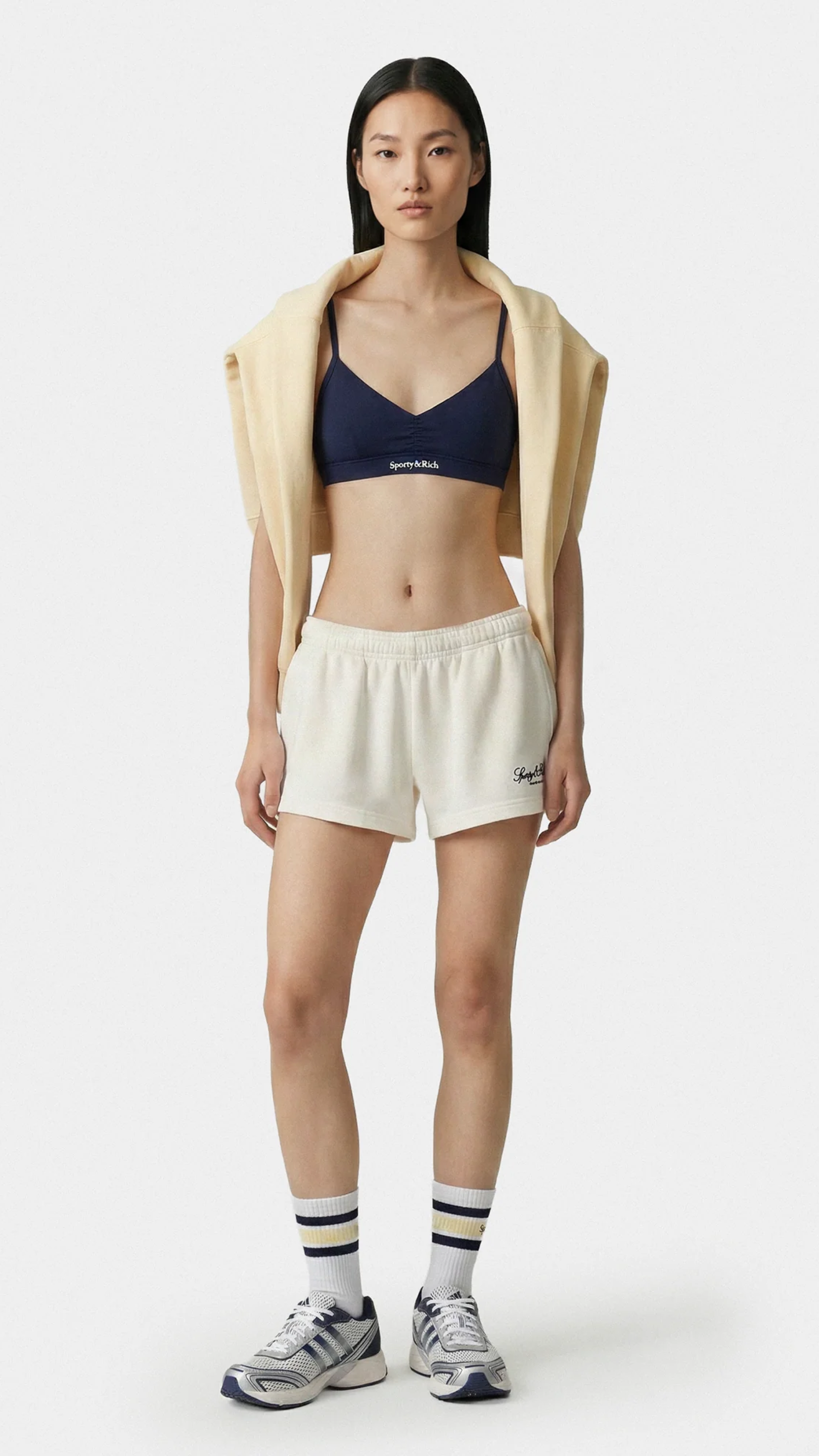 Sporty & Rich Vendome LA Embroidered Disco Short in Ecru/Navy