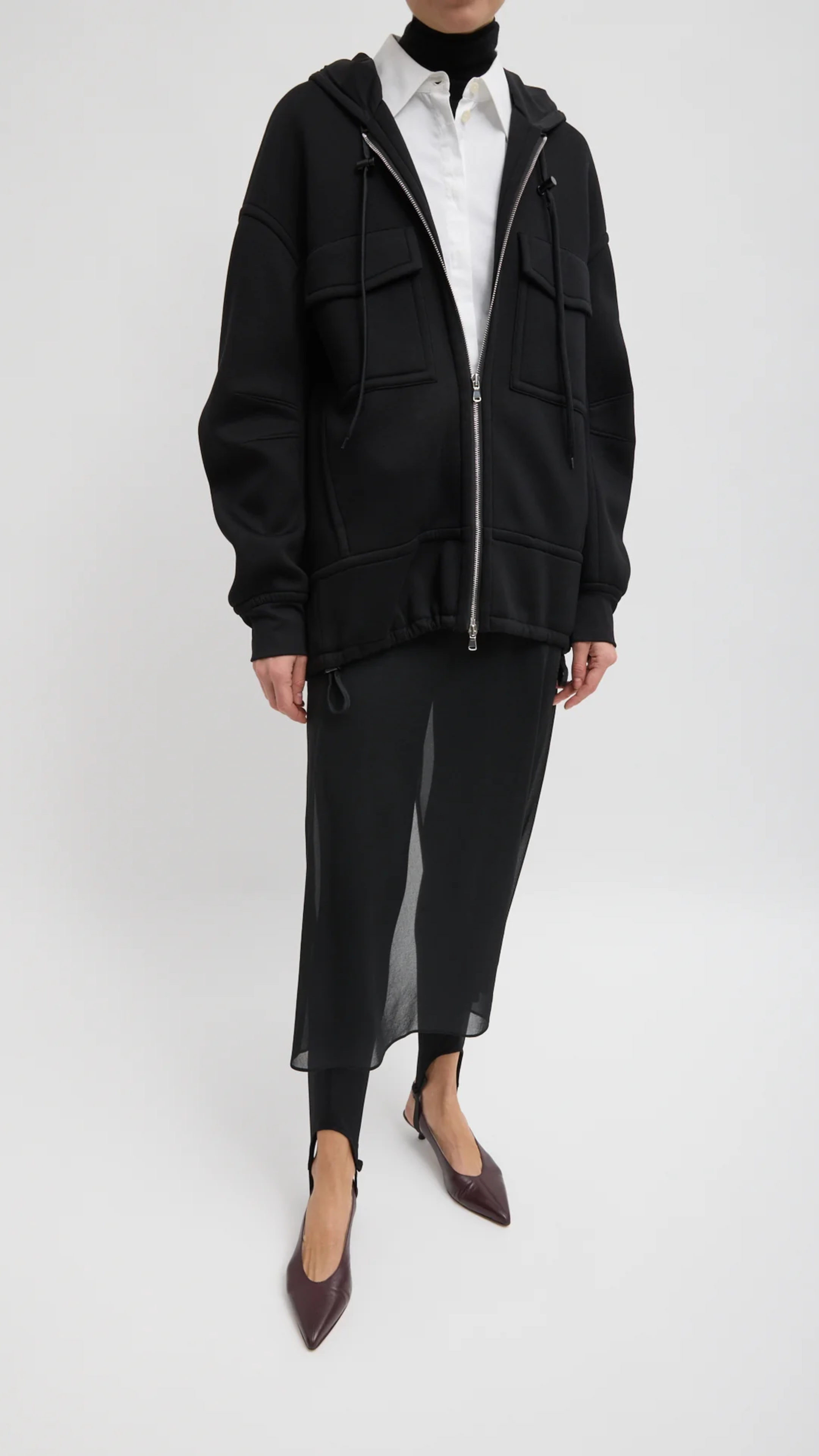 Tibi Techy Viscose Zip Up Hoodie in Black