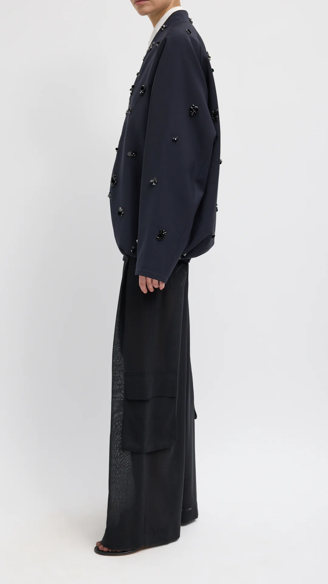 Tibi Tropical Wool Beaded Bomber in Navy