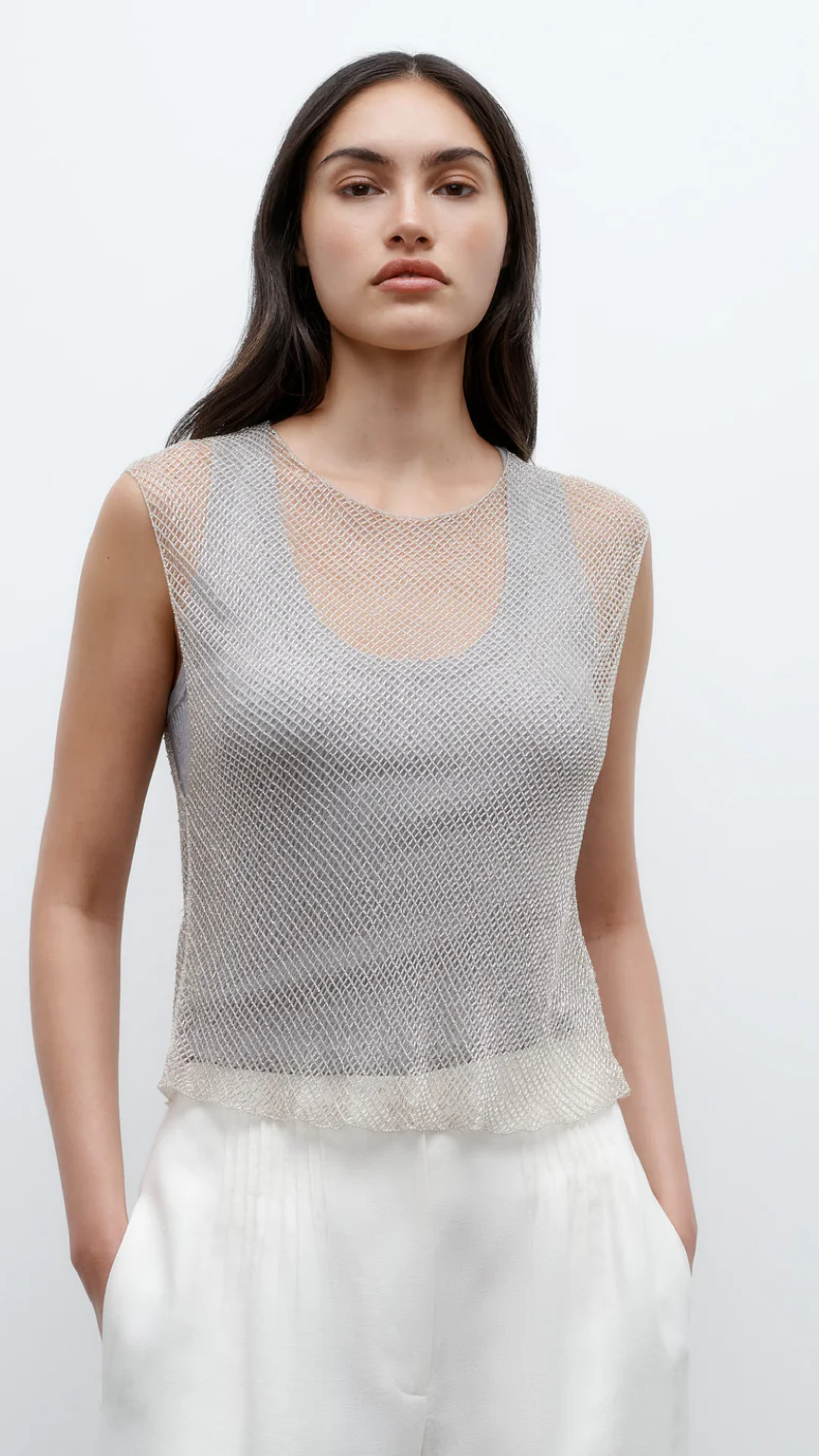 TWP Chloe Cross Hatch Beading Tee in Silver