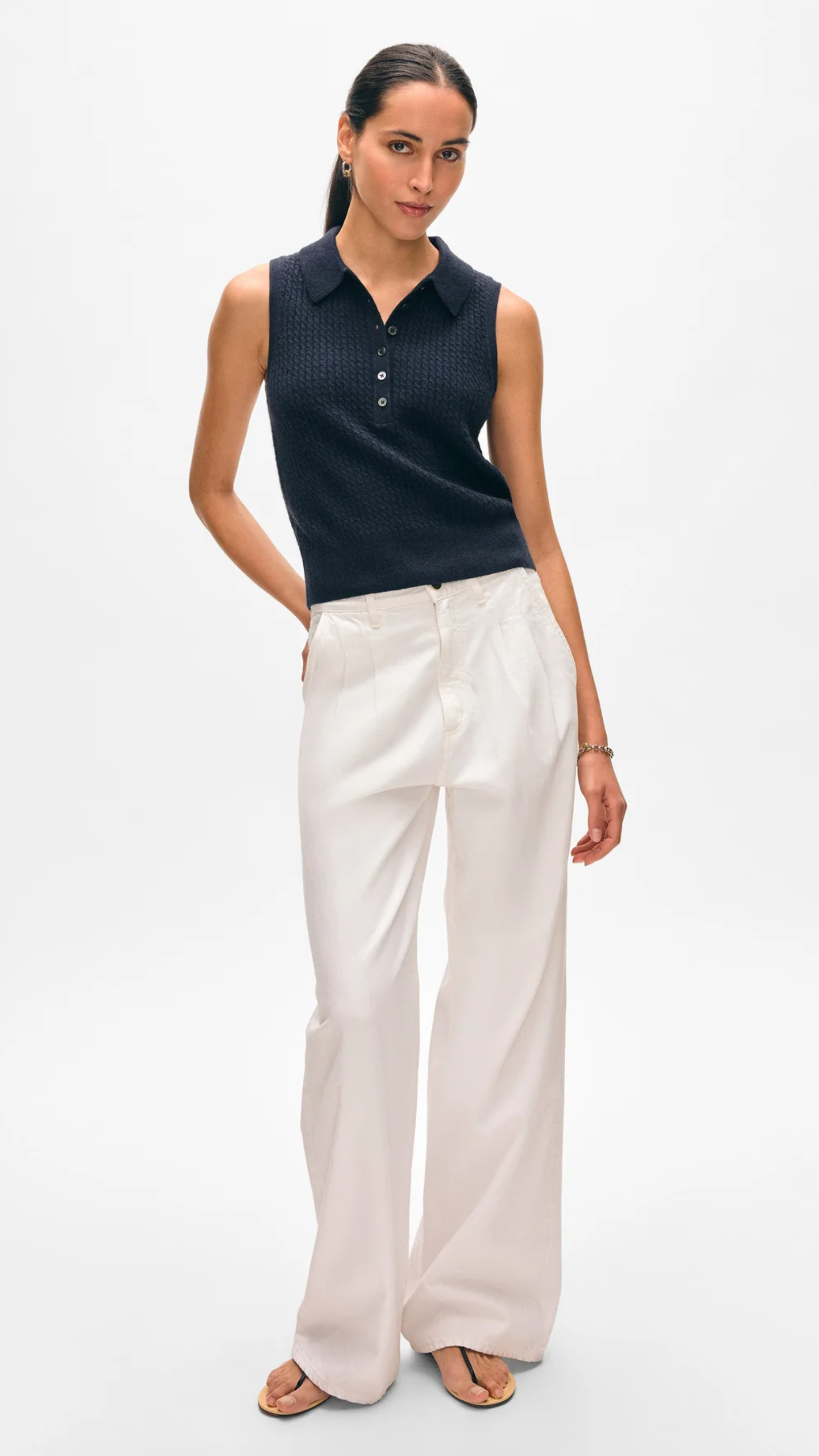 White + Warren Cashmere Cable Sleeveless Polo in Deep Navy