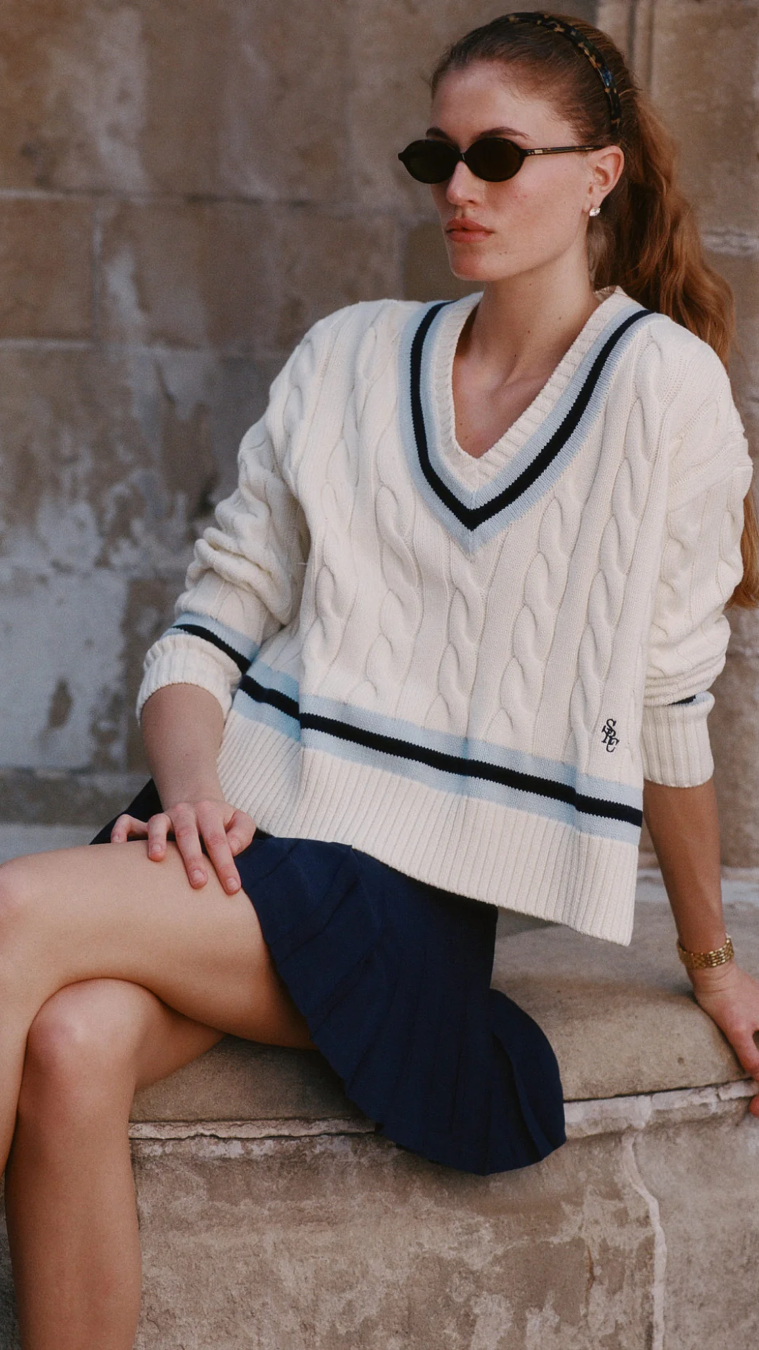 Sporty & Rich SRC Cableknit V-Neck Sweater in Ecru/Navy/Ciel