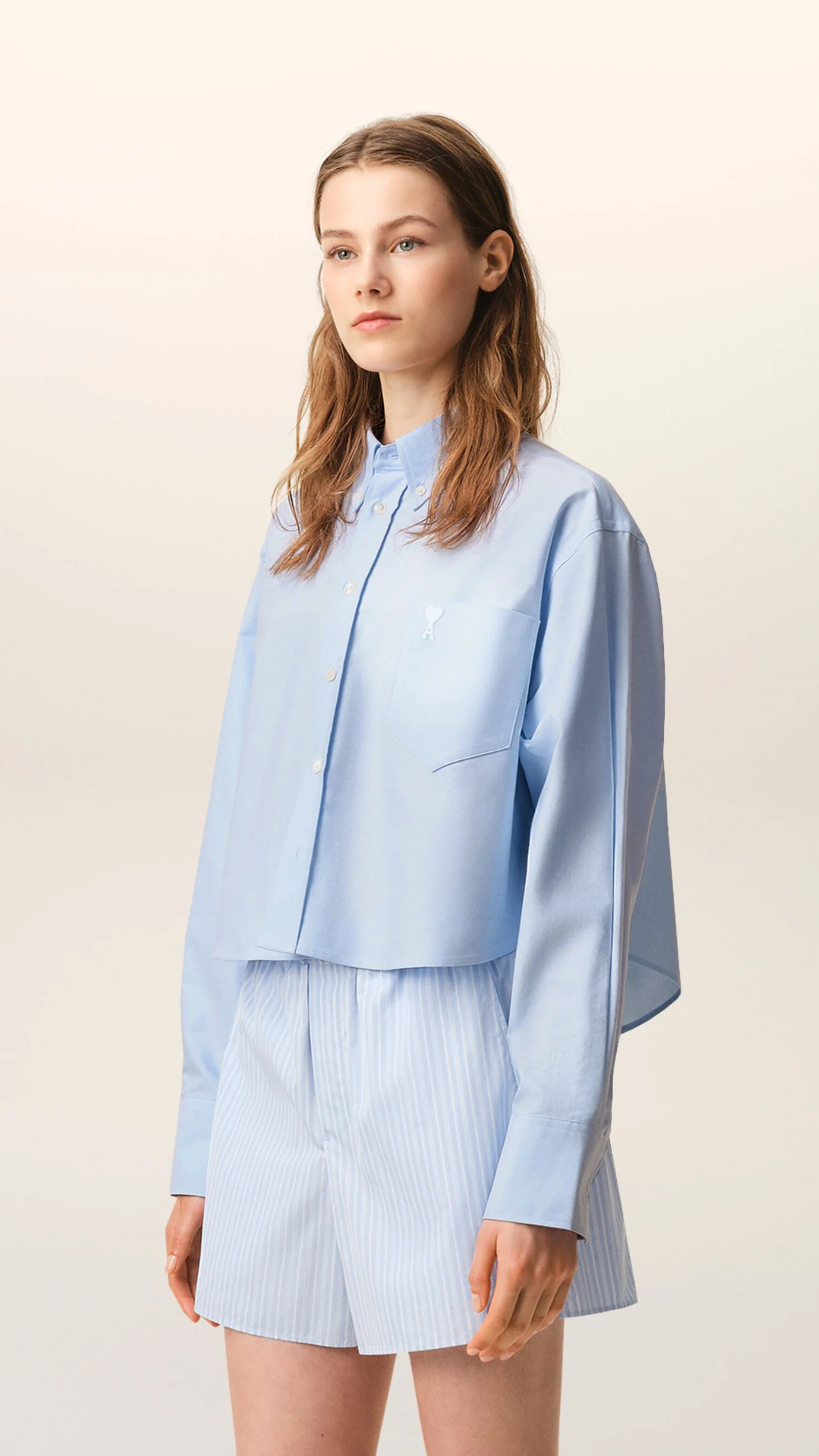 Ami Cotton Cropped Embossed Ami De Coeur Shirt in Sky Blue