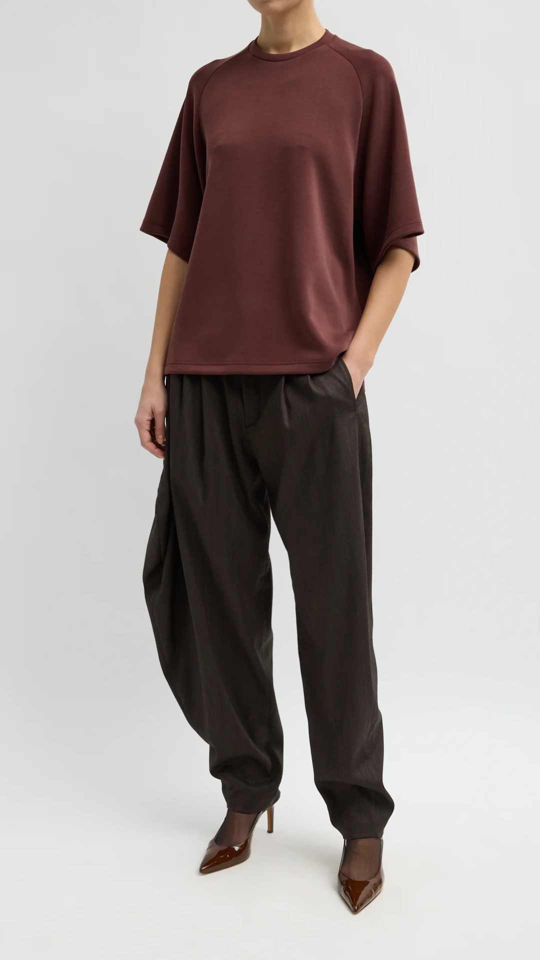 Tibi Feather Weight Viscose Neoprene Baseball T-Shirt in Bordeaux