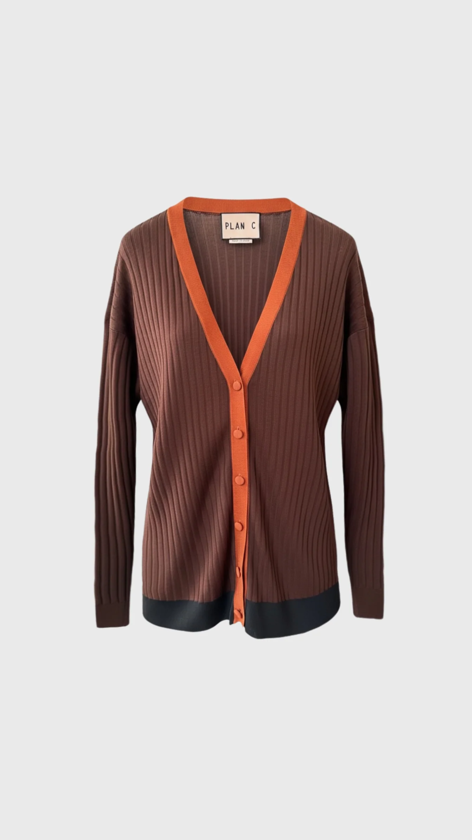 Plan C Long Sleeve Cardigan with Contrast Trim in Bordeaux
